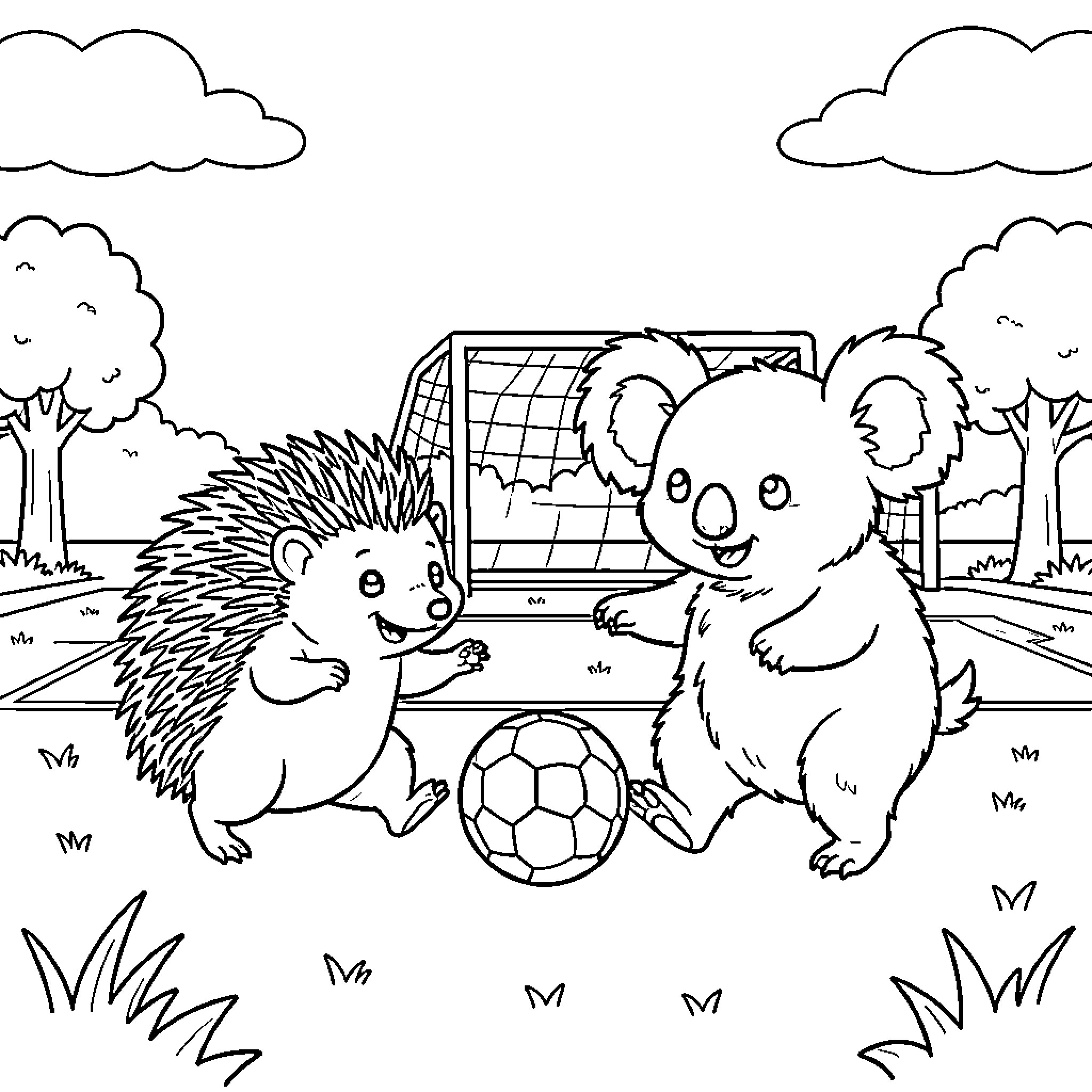 Hedgehog and koala playing soccer in nature Coloring Page (free black-and-white line drawing printable PDF for all, from beginners to advanced learners, including children, teens, adults, and seniors)
