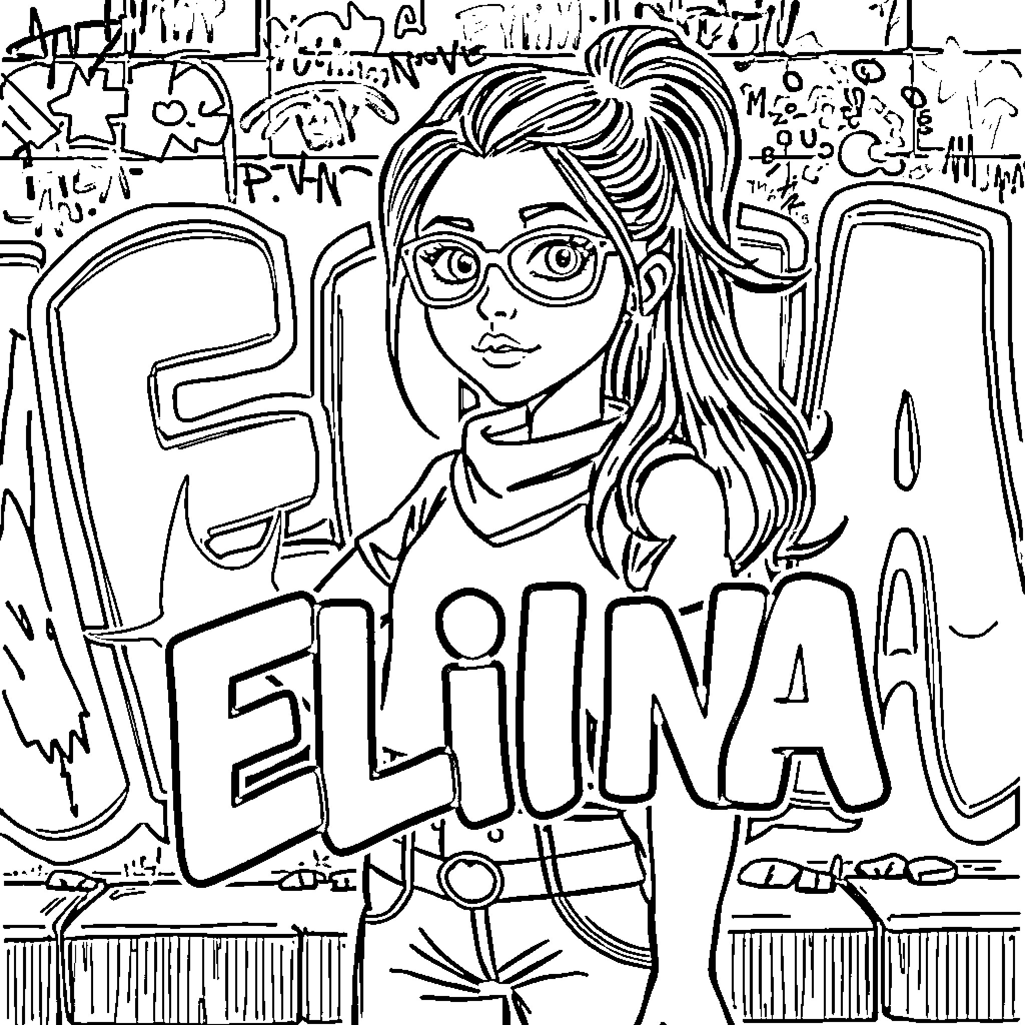 Elina, the Graffiti Artist Coloring Page (free black-and-white line drawing printable PDF for all, from beginners to advanced learners, including children, teens, adults, and seniors)