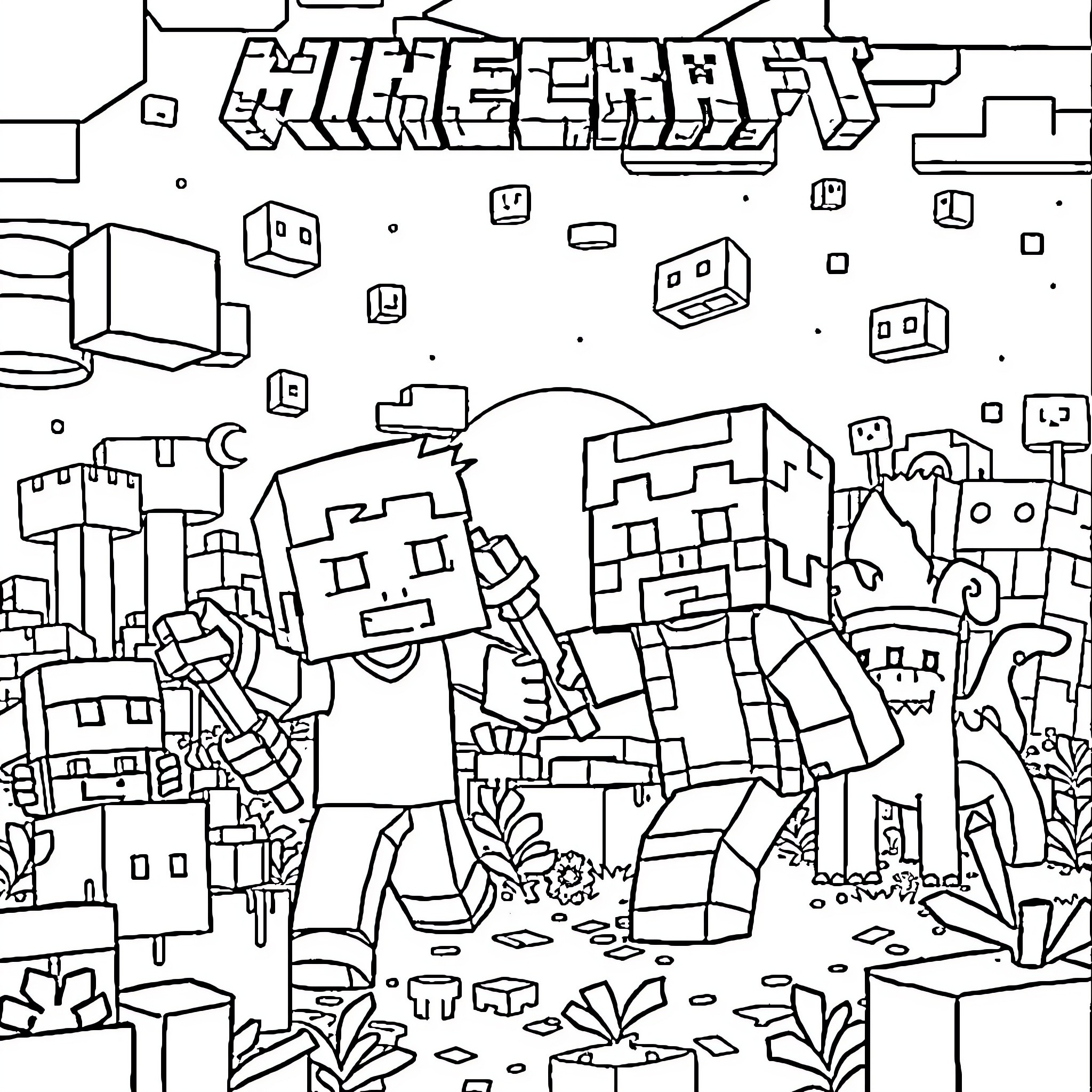 Minecraft Figures Exploring the Blocky World Coloring Page (free black-and-white line drawing printable PDF for all, from beginners to advanced learners, including children, teens, adults, and seniors)
