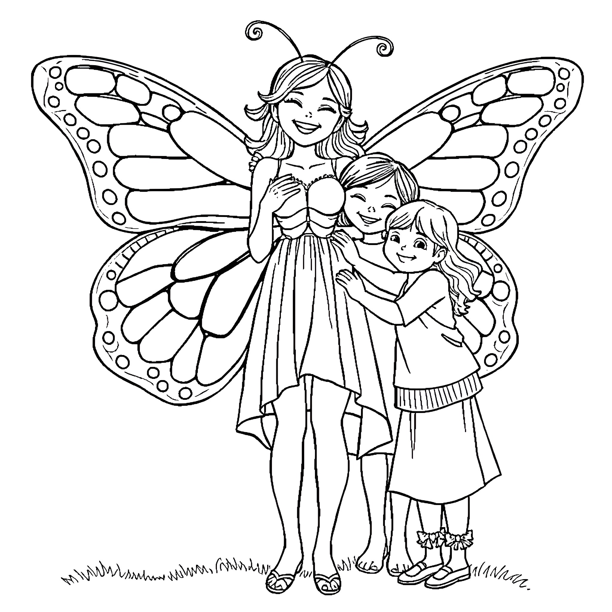 Butterfly Woman Embracing Children with Joy Coloring Page (free black-and-white line drawing printable PDF for all, from beginners to advanced learners, including children, teens, adults, and seniors)