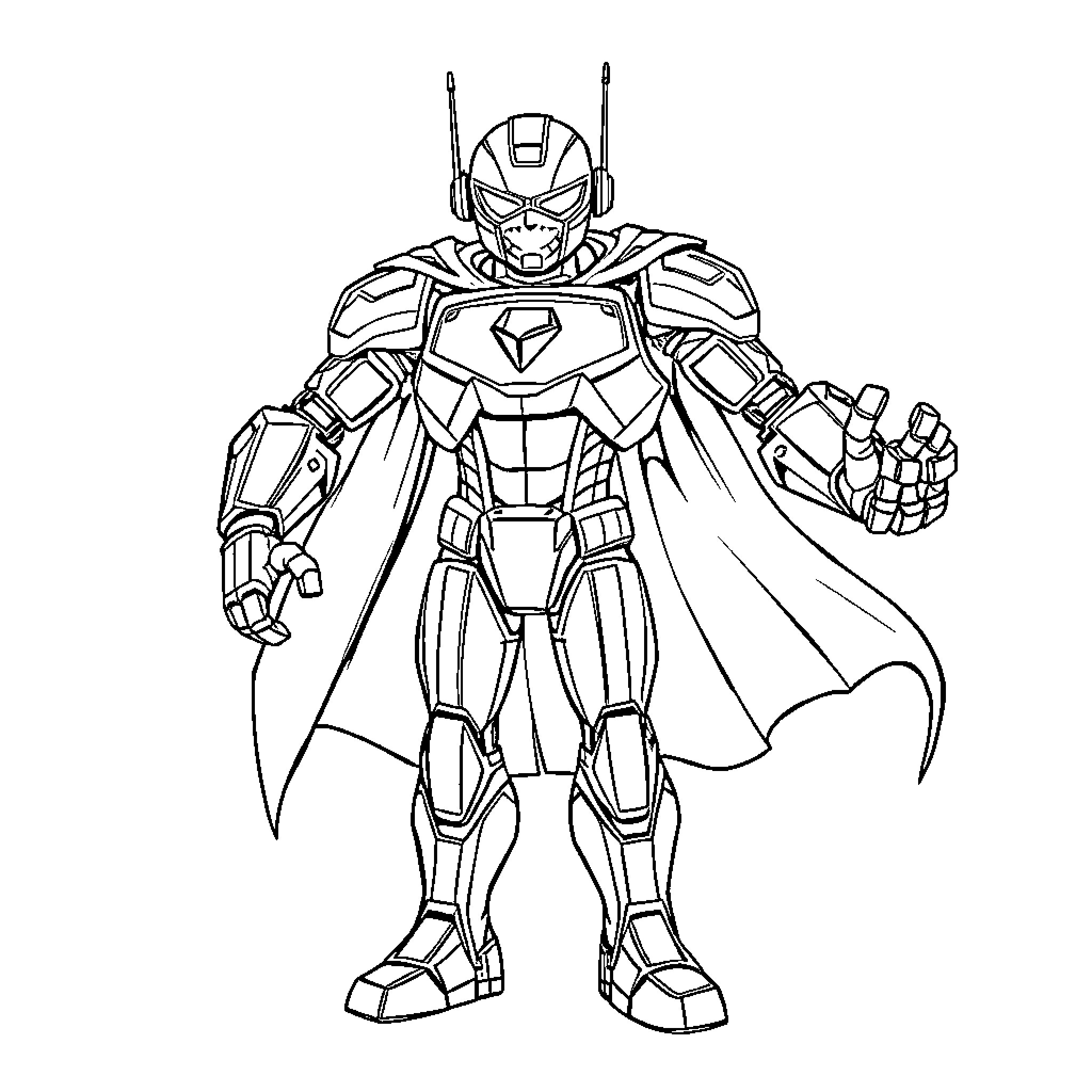 Robot Hero in Powerful Stance Coloring Page (free black-and-white line drawing printable PDF for all, from beginners to advanced learners, including children, teens, adults, and seniors)