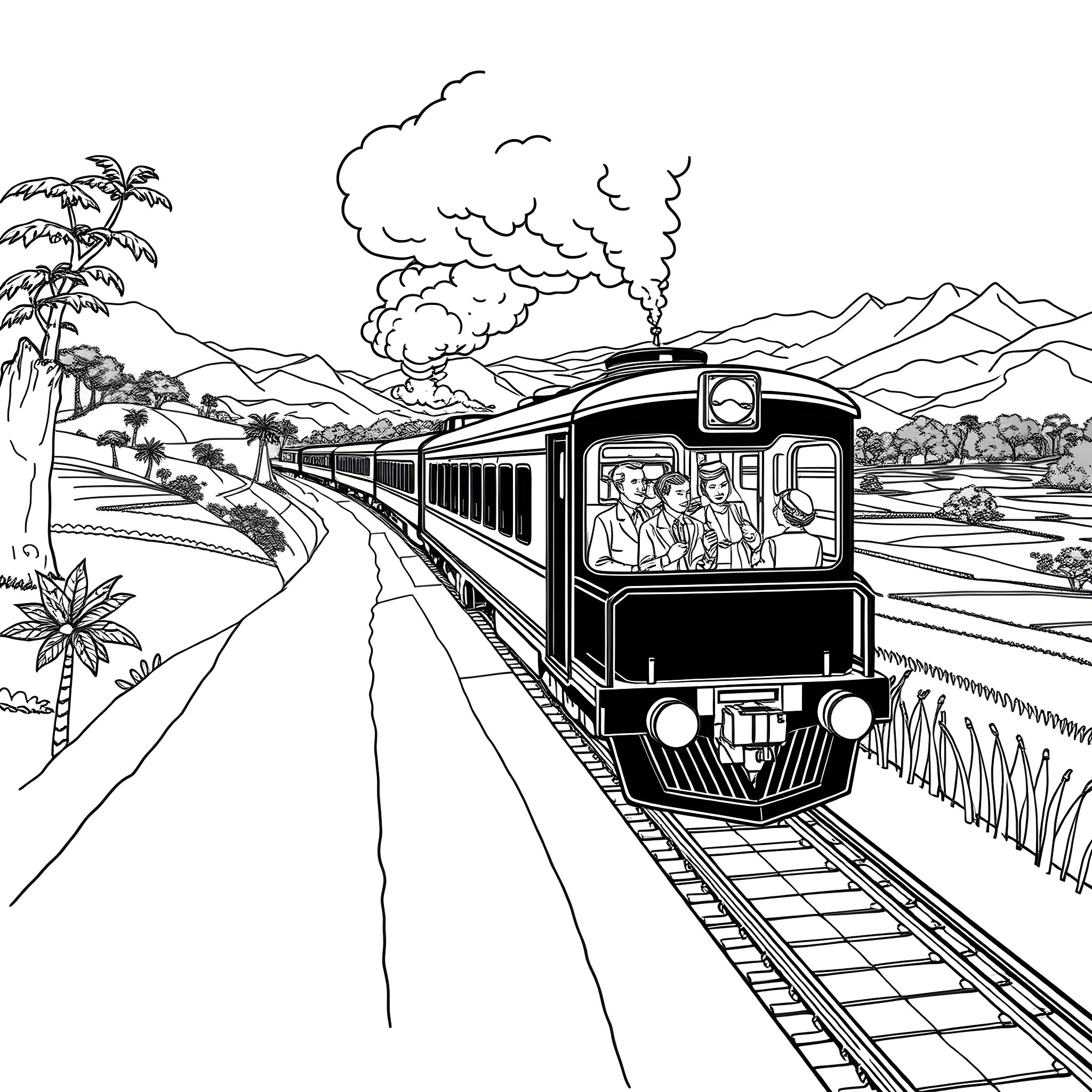 Train Traveling Through Scenic Landscape Coloring Page (free black-and-white line drawing printable PDF for all, from beginners to advanced learners, including children, teens, adults, and seniors)