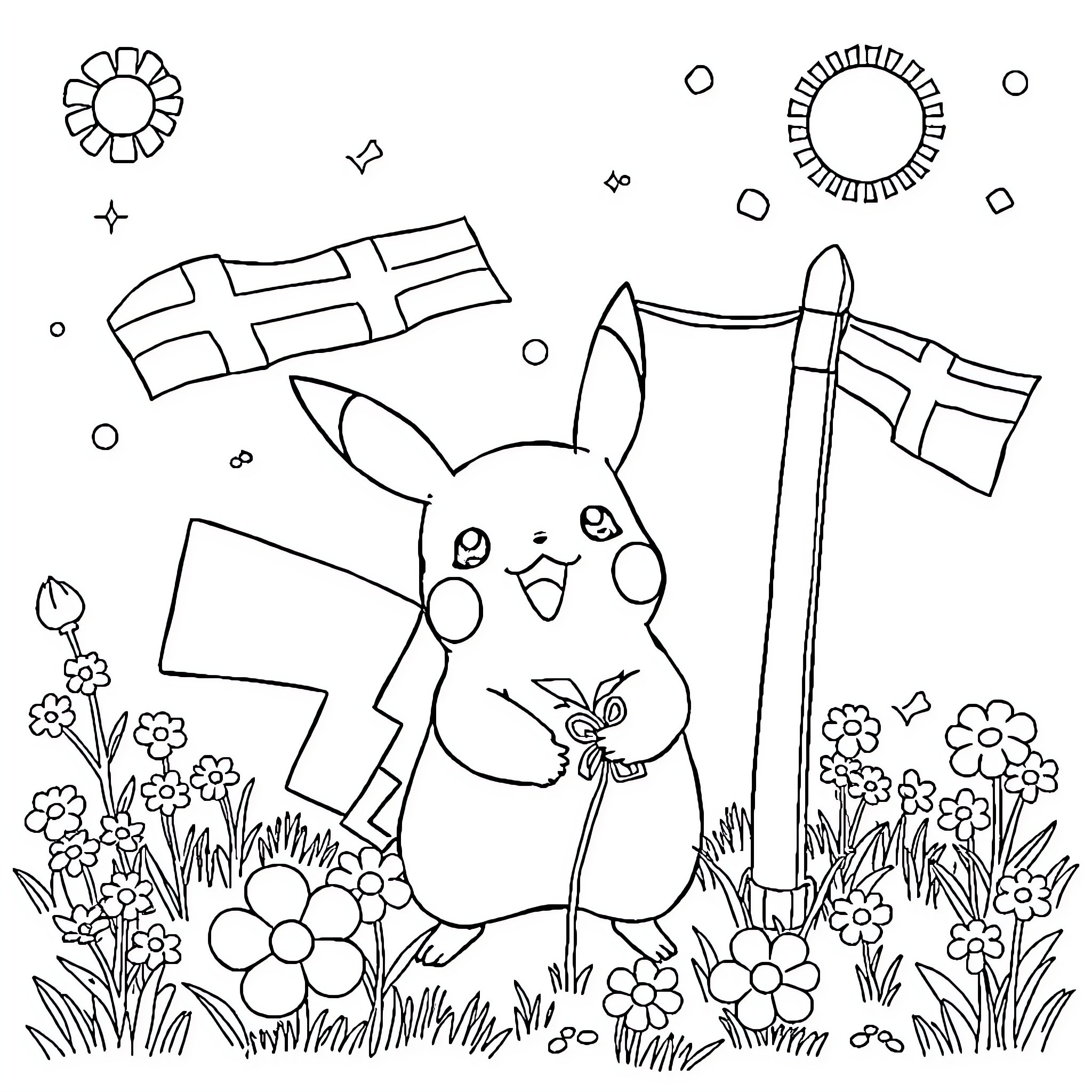 Pikachu enjoying a day in the nature with flowers Coloring Page (free black-and-white line drawing printable PDF for all, from beginners to advanced learners, including children, teens, adults, and seniors)