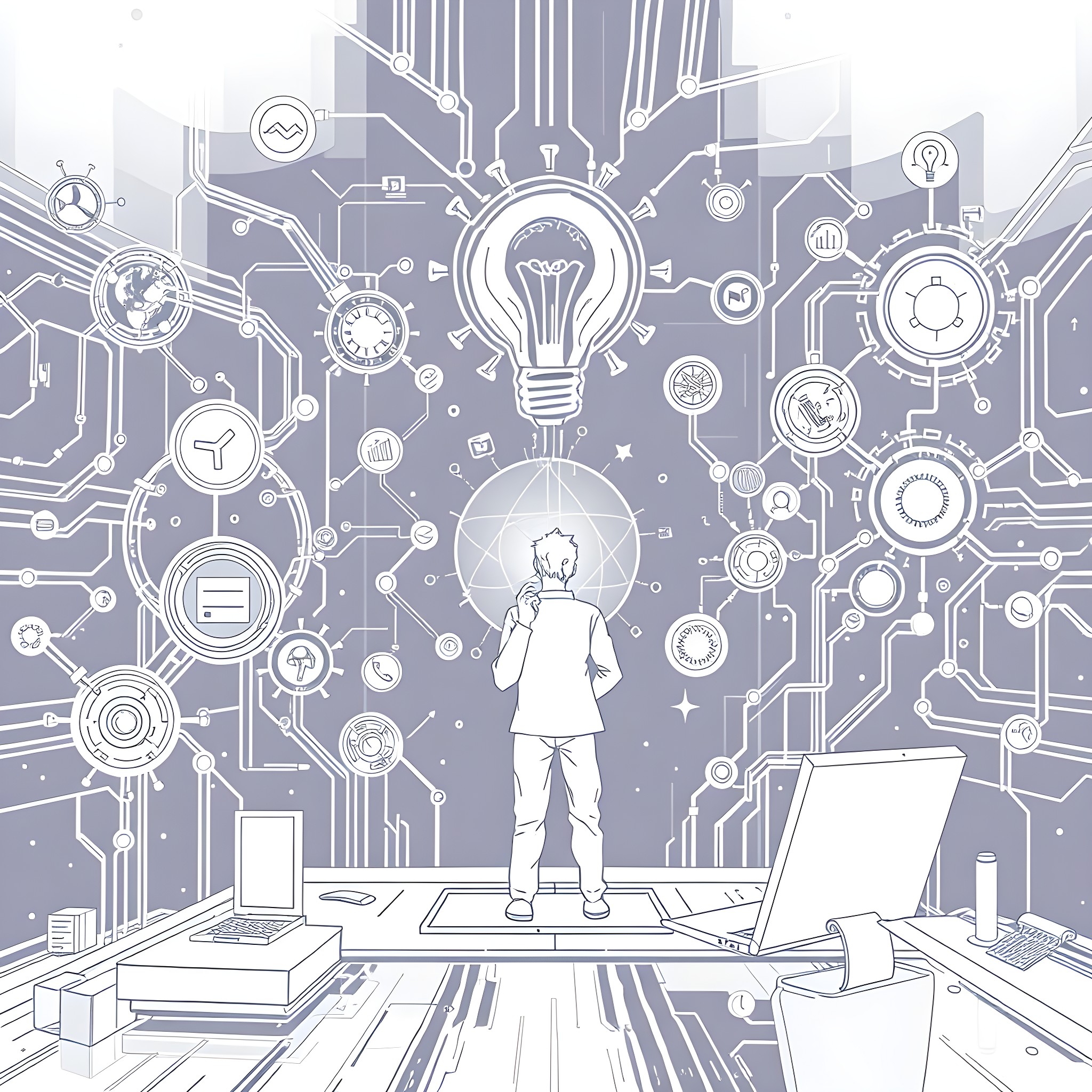 Generate Person Silhouette Among Technology Symbols Coloring Page (free black-and-white line drawing printable PDF for all, from beginners to advanced learners, including children, teens, adults, and seniors)