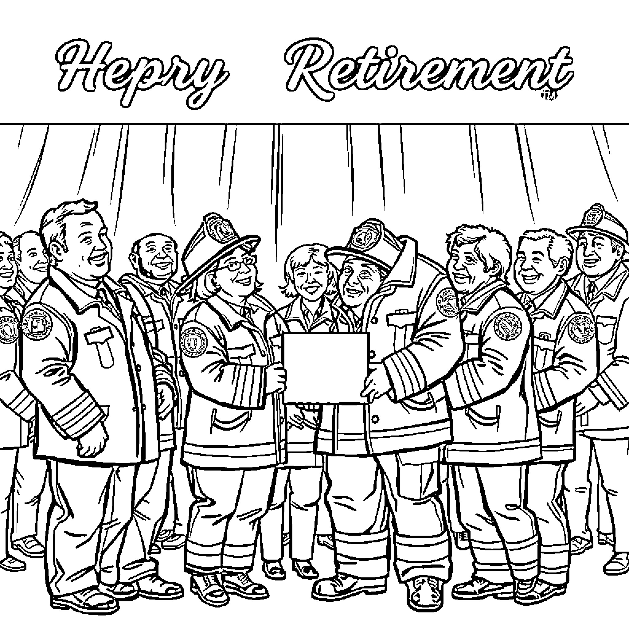 Firefighter Retirement Celebration Coloring Page (free black-and-white line drawing printable PDF for all, from beginners to advanced learners, including children, teens, adults, and seniors)