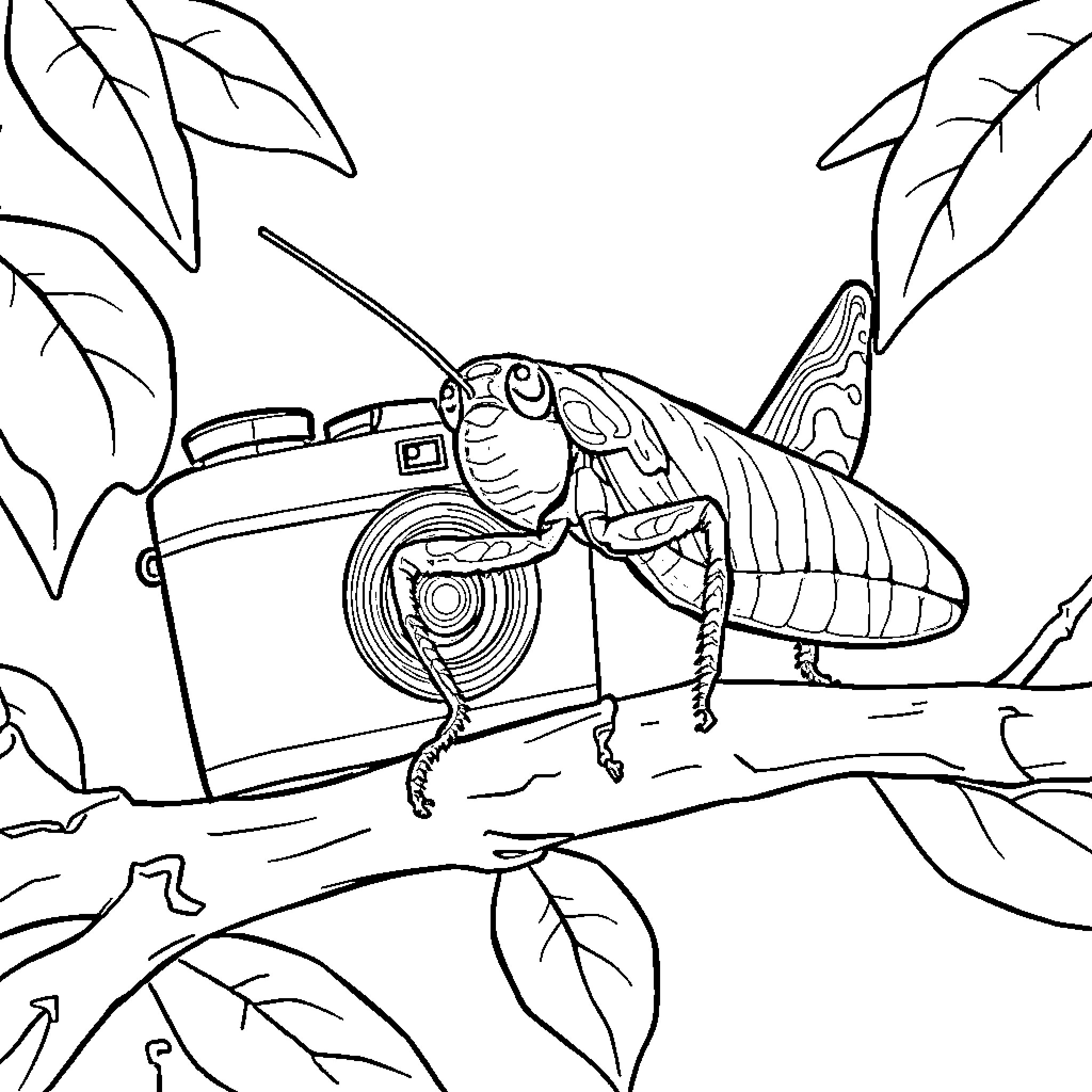 Cricket-themed Nature Exploration with Camera Coloring Page (free black-and-white line drawing printable PDF for all, from beginners to advanced learners, including children, teens, adults, and seniors)