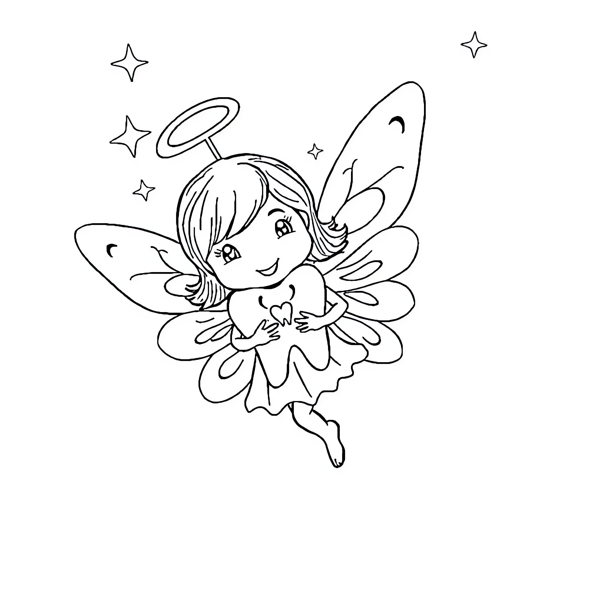 Tooth Fairy fairy flying with magic wand Coloring Page (free black-and-white line drawing printable PDF for all, from beginners to advanced learners, including children, teens, adults, and seniors)
