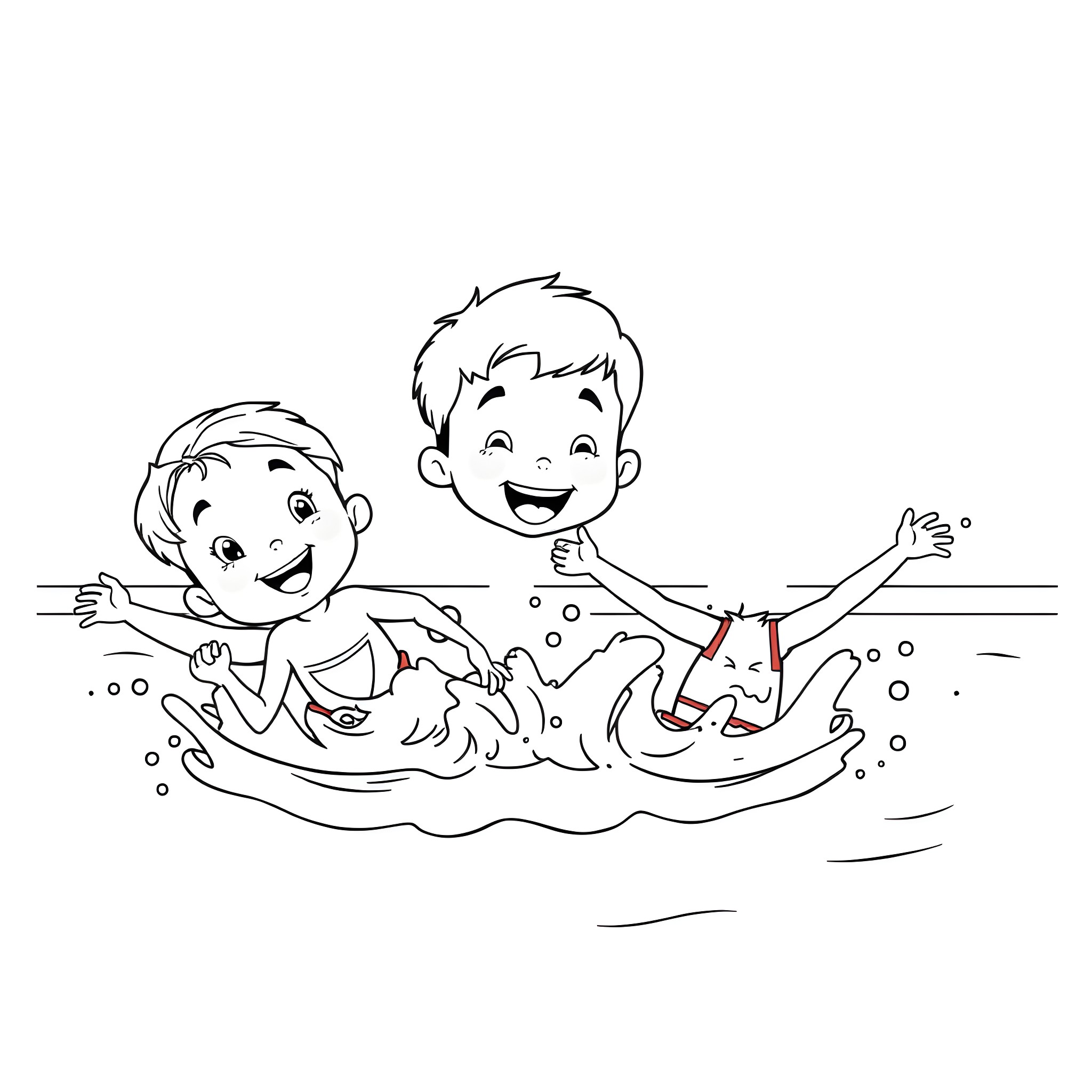 Kids Playing Happily in the Water Coloring Page (free black-and-white line drawing printable PDF for all, from beginners to advanced learners, including children, teens, adults, and seniors)