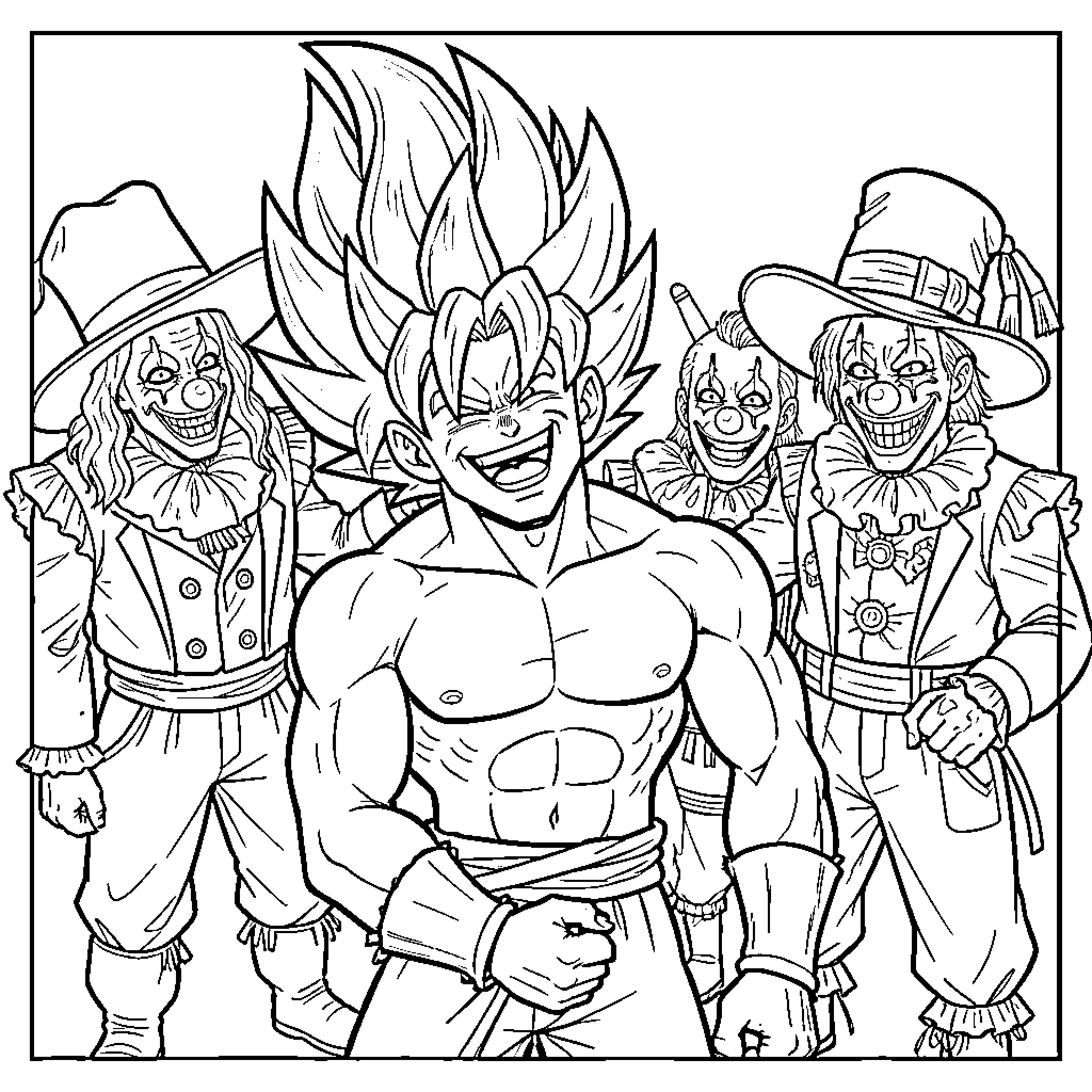 Broly's Showdown with Sinister Clowns Coloring Page (free black-and-white line drawing printable PDF for all, from beginners to advanced learners, including children, teens, adults, and seniors)