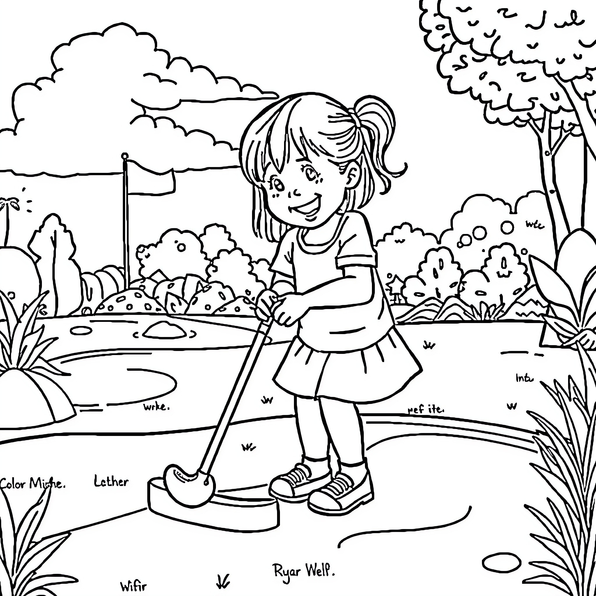 Toddler enjoying a day outdoors in a nature scene Coloring Page (free black-and-white line drawing printable PDF for all, from beginners to advanced learners, including children, teens, adults, and seniors)