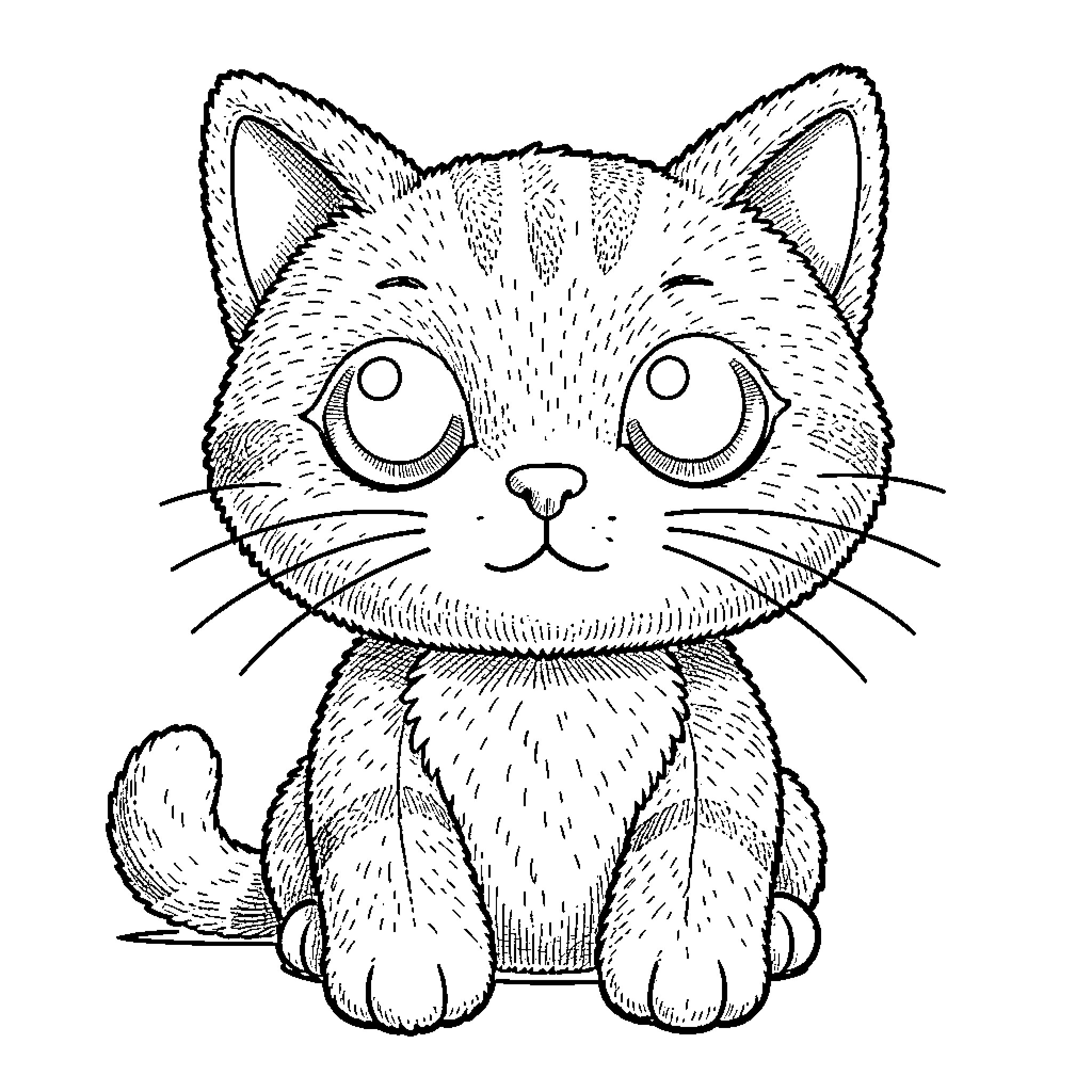 Cat with Cute Big Eyes Coloring Page (free black-and-white line drawing printable PDF for all, from beginners to advanced learners, including children, teens, adults, and seniors)