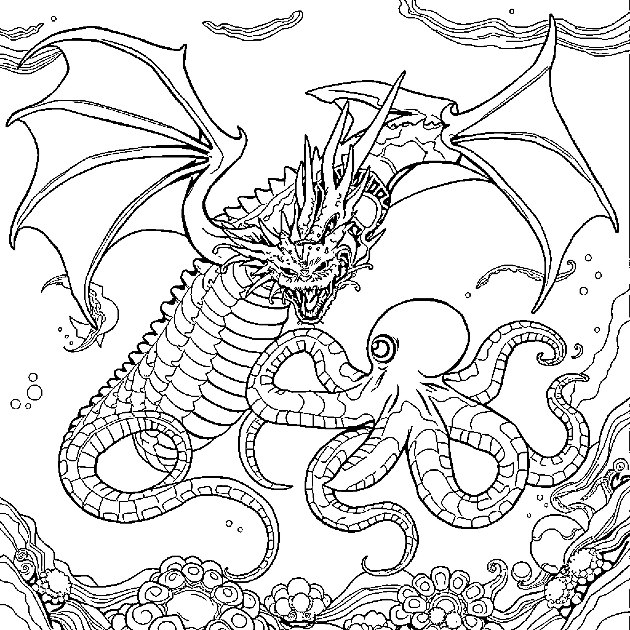 Dragon battling a fierce octopus in the deep sea Coloring Page (free black-and-white line drawing printable PDF for all, from beginners to advanced learners, including children, teens, adults, and seniors)