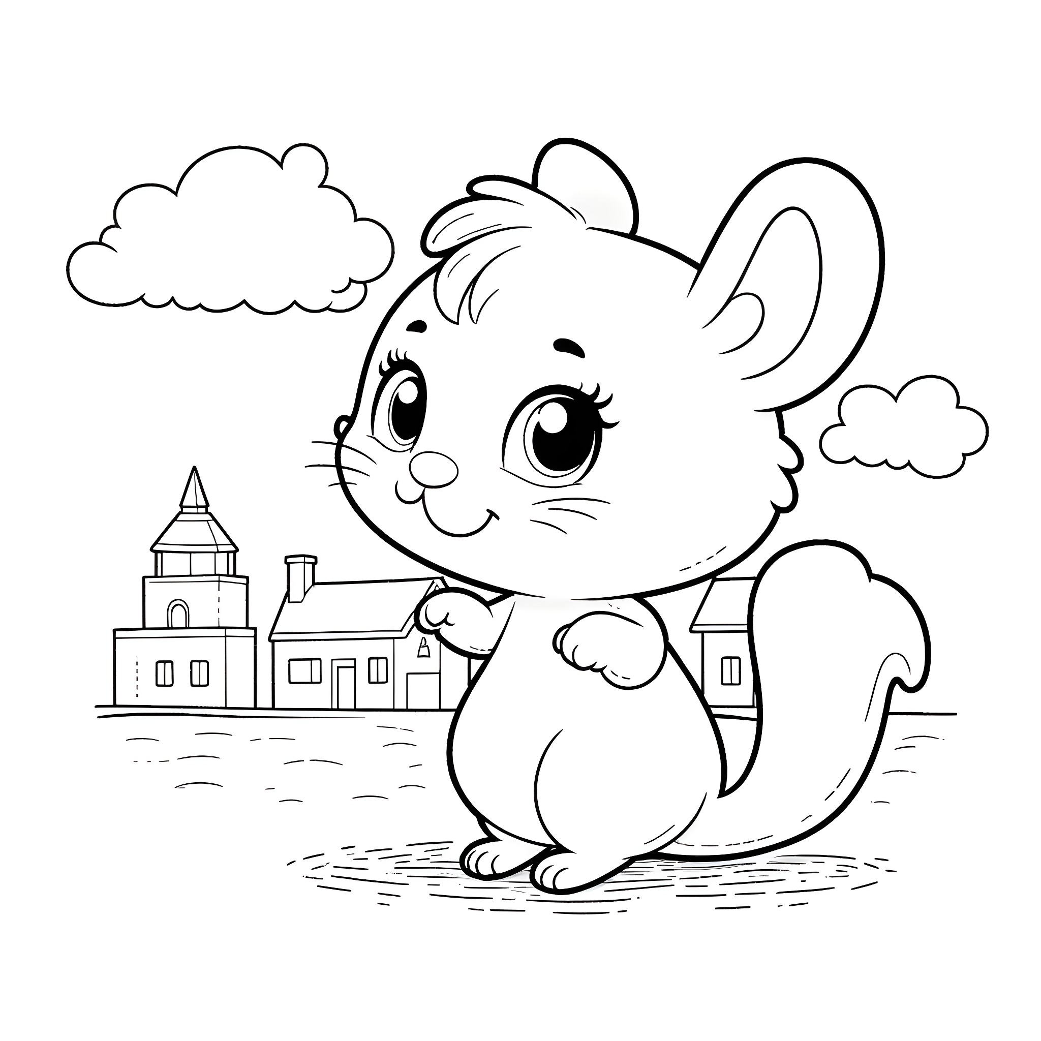 Rato enjoying the peaceful town scene Coloring Page (free black-and-white line drawing printable PDF for all, from beginners to advanced learners, including children, teens, adults, and seniors)