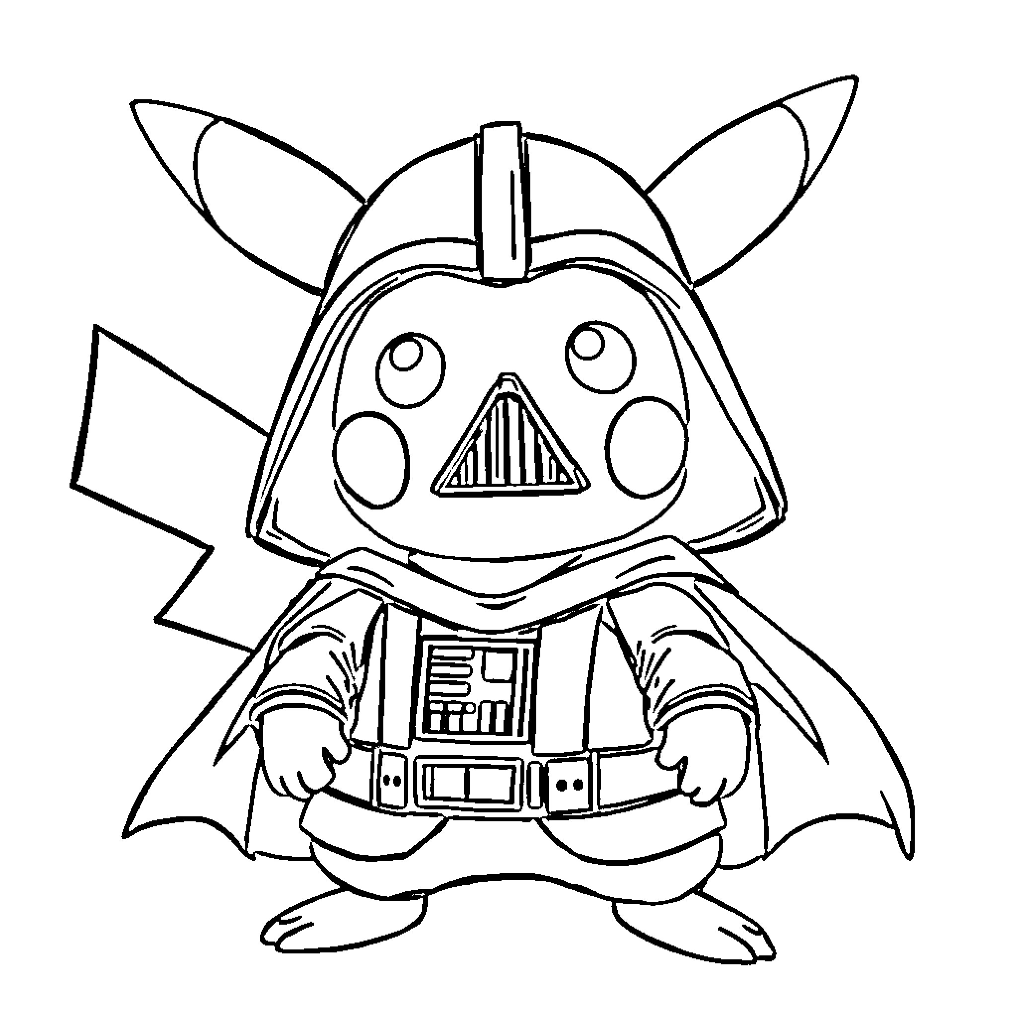 Pikachu dressed as Darth Vader Coloring Page (free black-and-white line drawing printable PDF for all, from beginners to advanced learners, including children, teens, adults, and seniors)