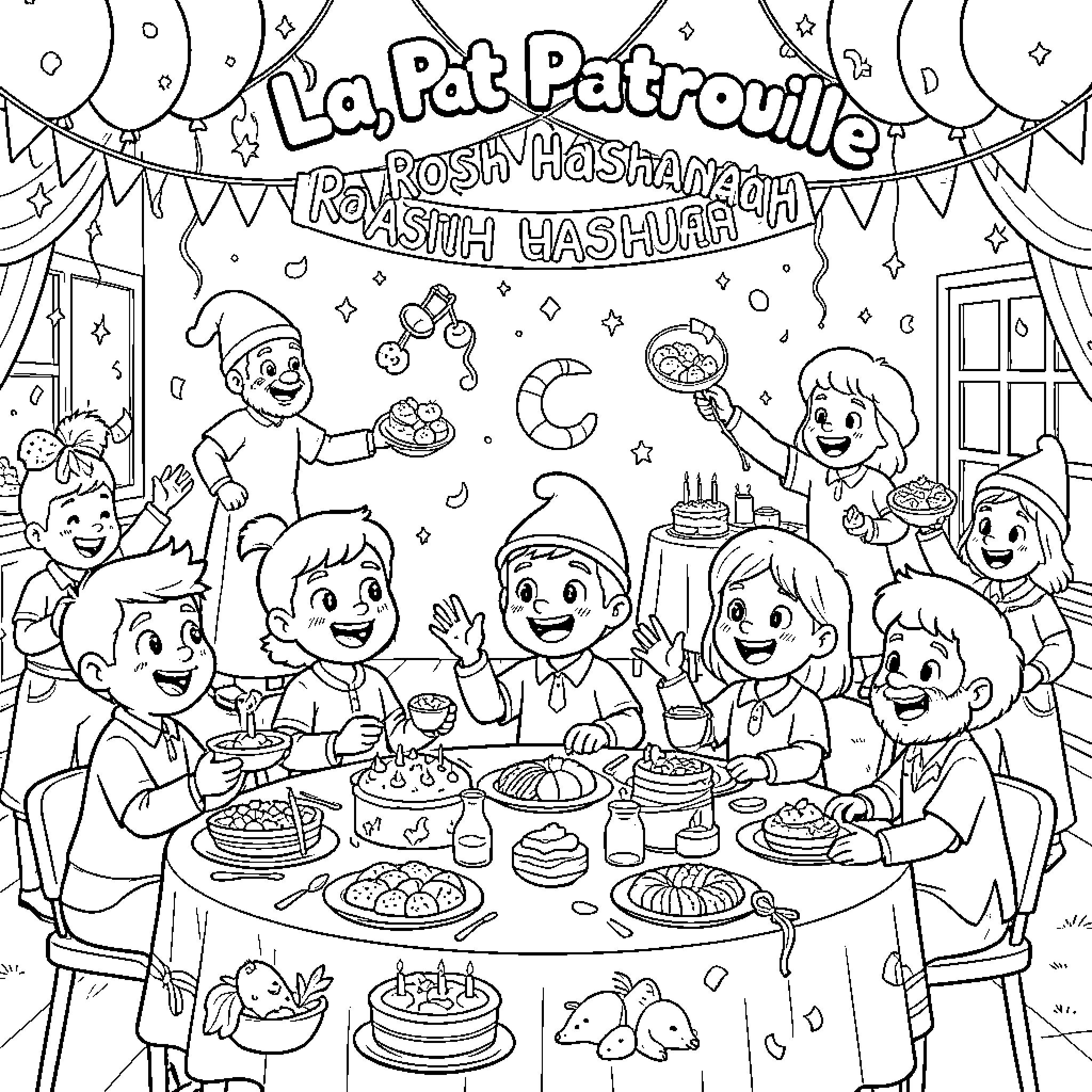 Pat celebrating Rosh Hashanah with a festive meal Coloring Page (free black-and-white line drawing printable PDF for all, from beginners to advanced learners, including children, teens, adults, and seniors)