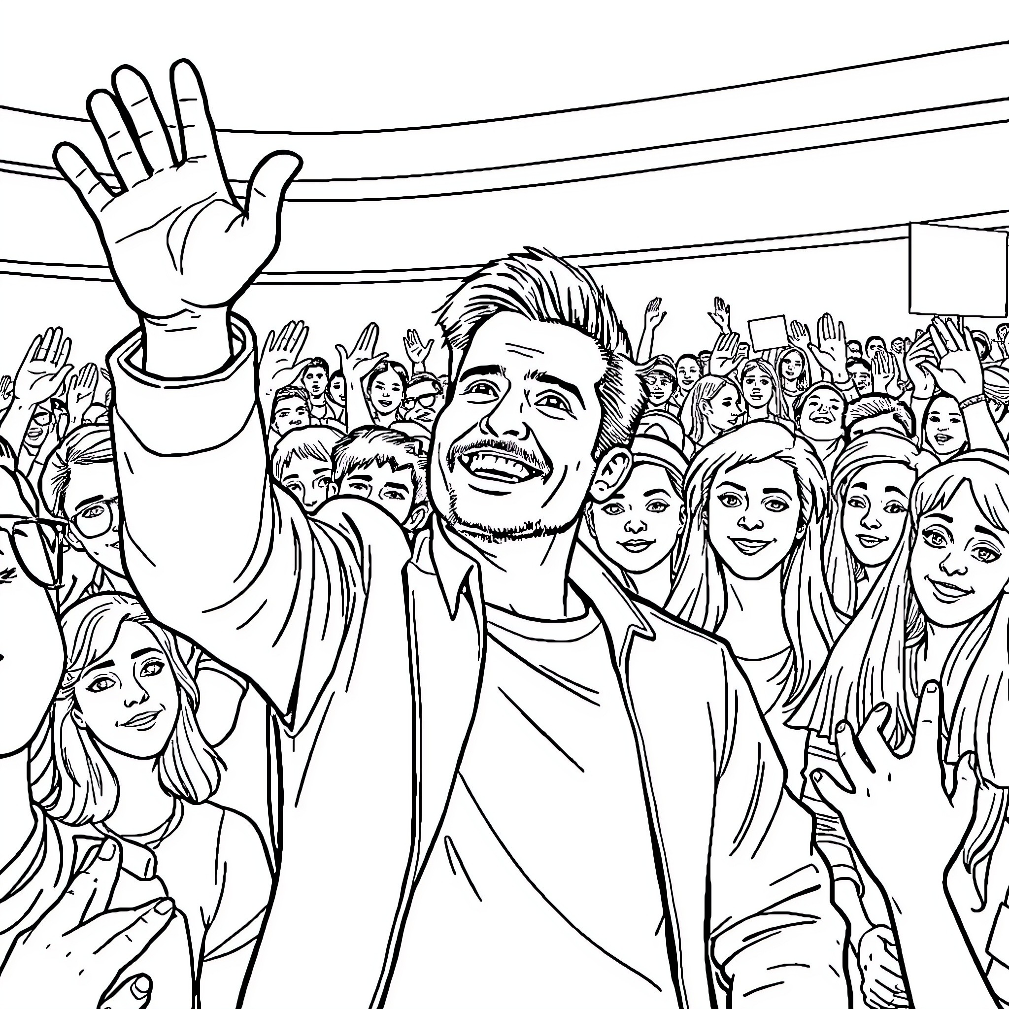 Christopher Luxon interacting with enthusiastic crowd Coloring Page (free black-and-white line drawing printable PDF for all, from beginners to advanced learners, including children, teens, adults, and seniors)