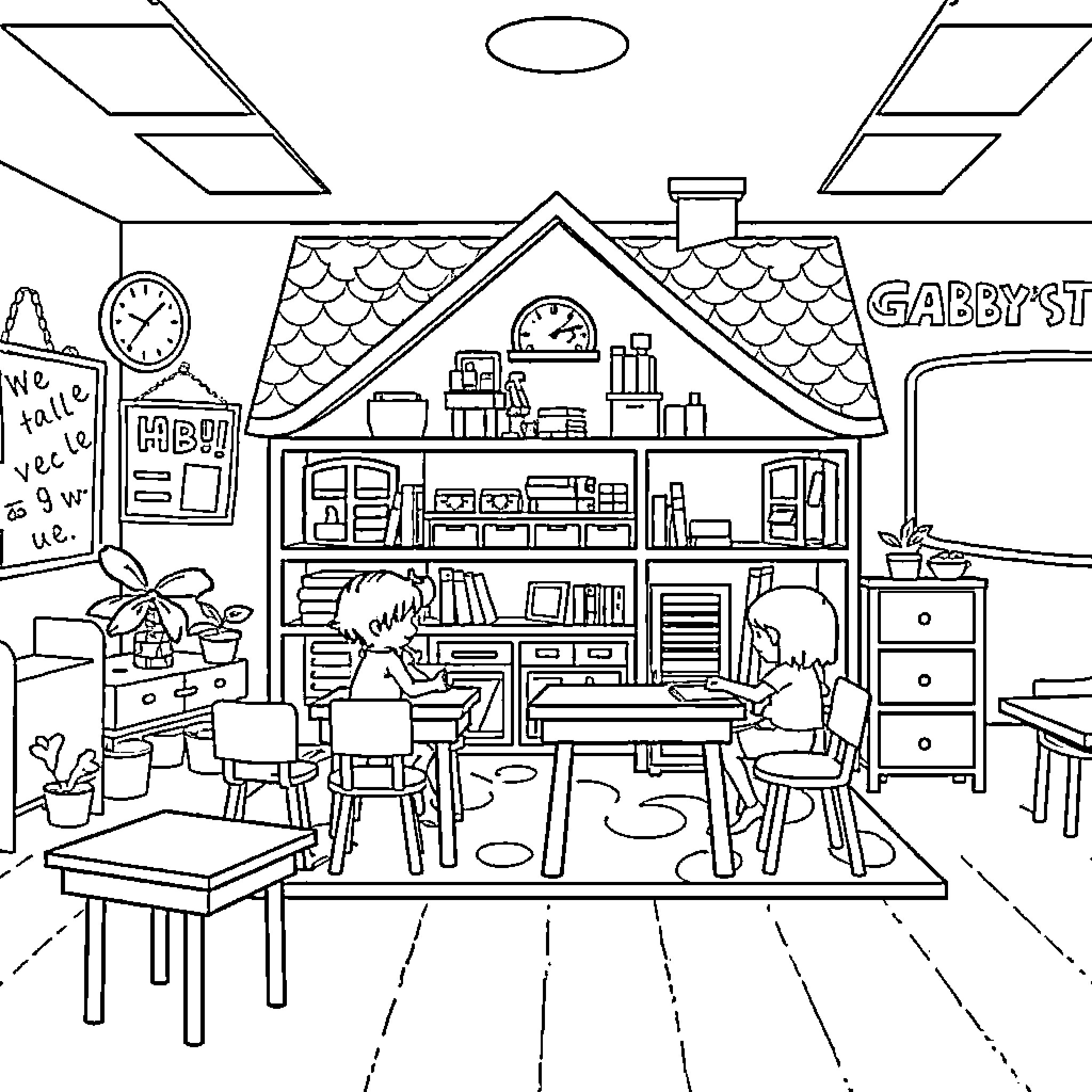 Dollhouse Interior with Students Studying Coloring Page (free black-and-white line drawing printable PDF for all, from beginners to advanced learners, including children, teens, adults, and seniors)