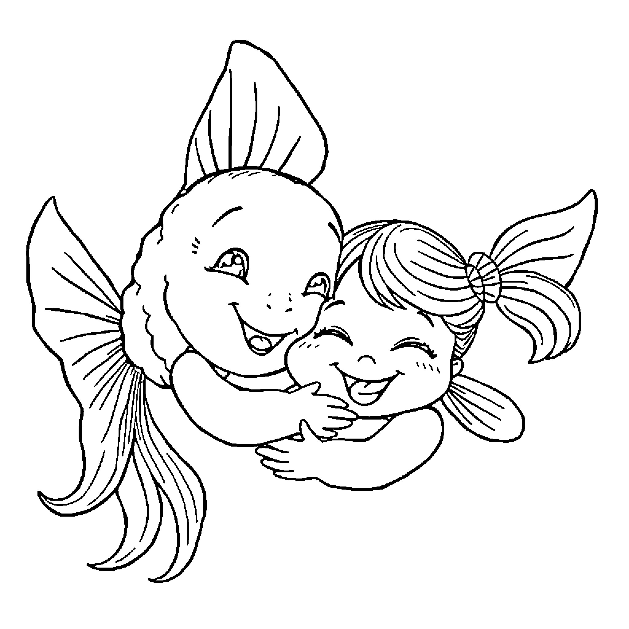 Goldfish embracing a young girl Coloring Page (free black-and-white line drawing printable PDF for all, from beginners to advanced learners, including children, teens, adults, and seniors)