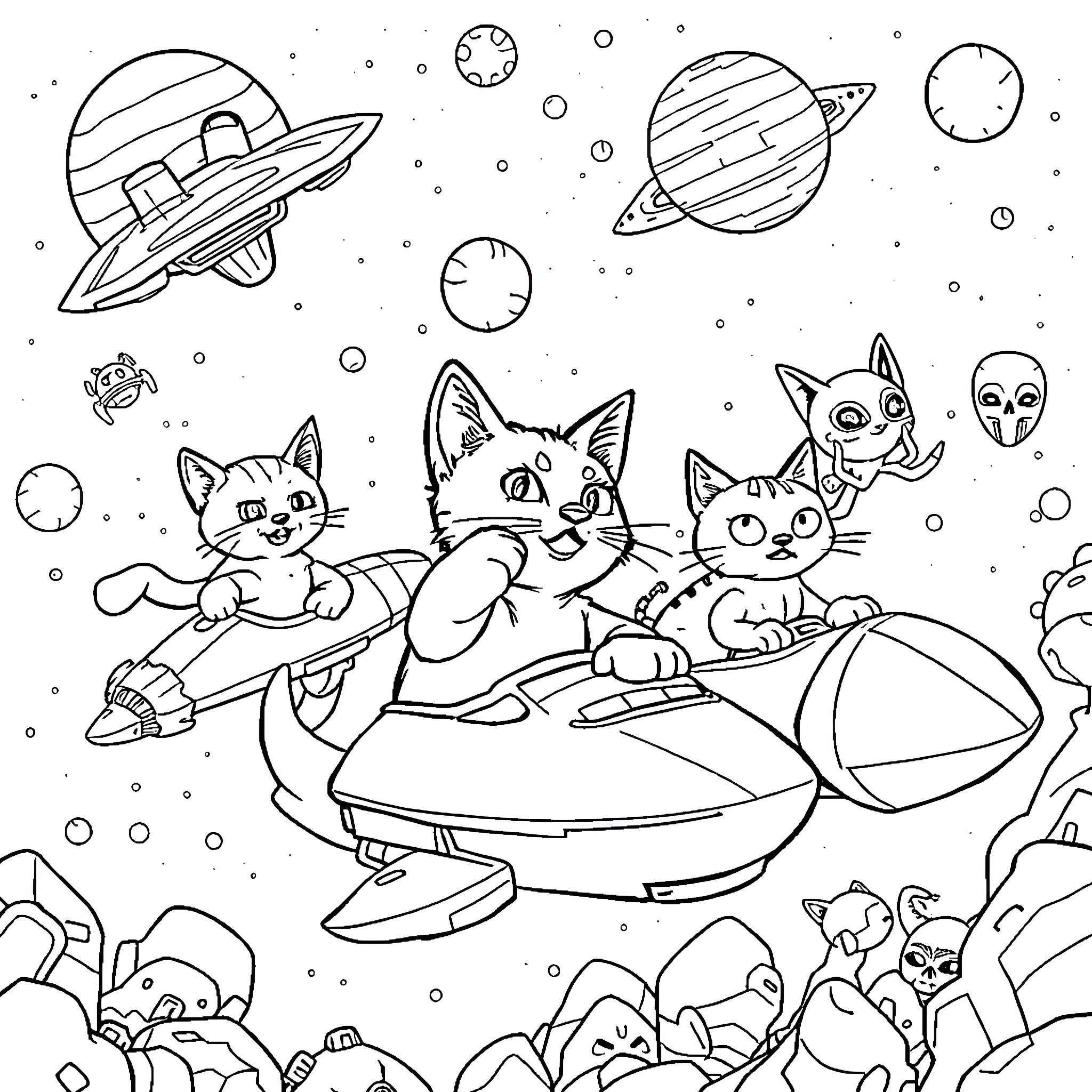 Alien cats exploring the cosmos in their spaceship Coloring Page (free black-and-white line drawing printable PDF for all, from beginners to advanced learners, including children, teens, adults, and seniors)