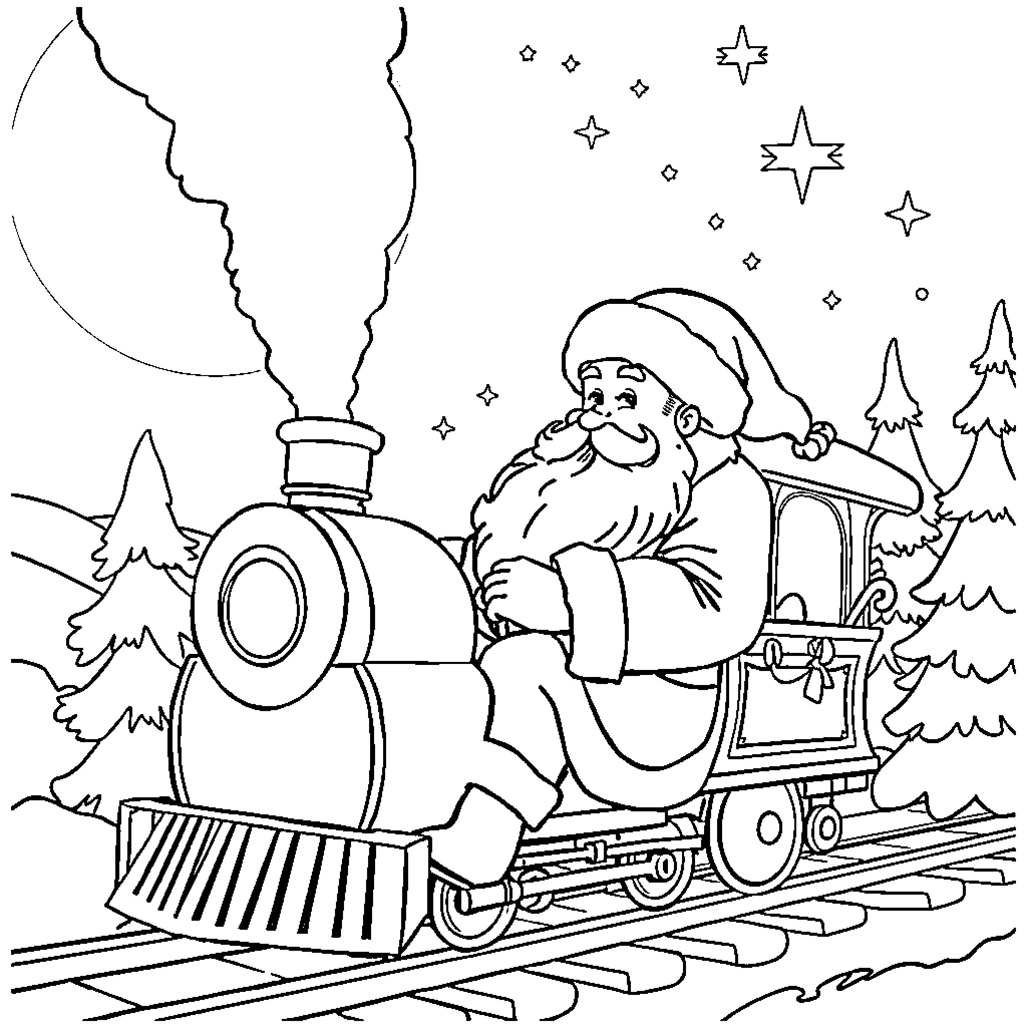 Santa Claus riding a festive train in the winter wonderland Coloring Page (free black-and-white line drawing printable PDF for all, from beginners to advanced learners, including children, teens, adults, and seniors)