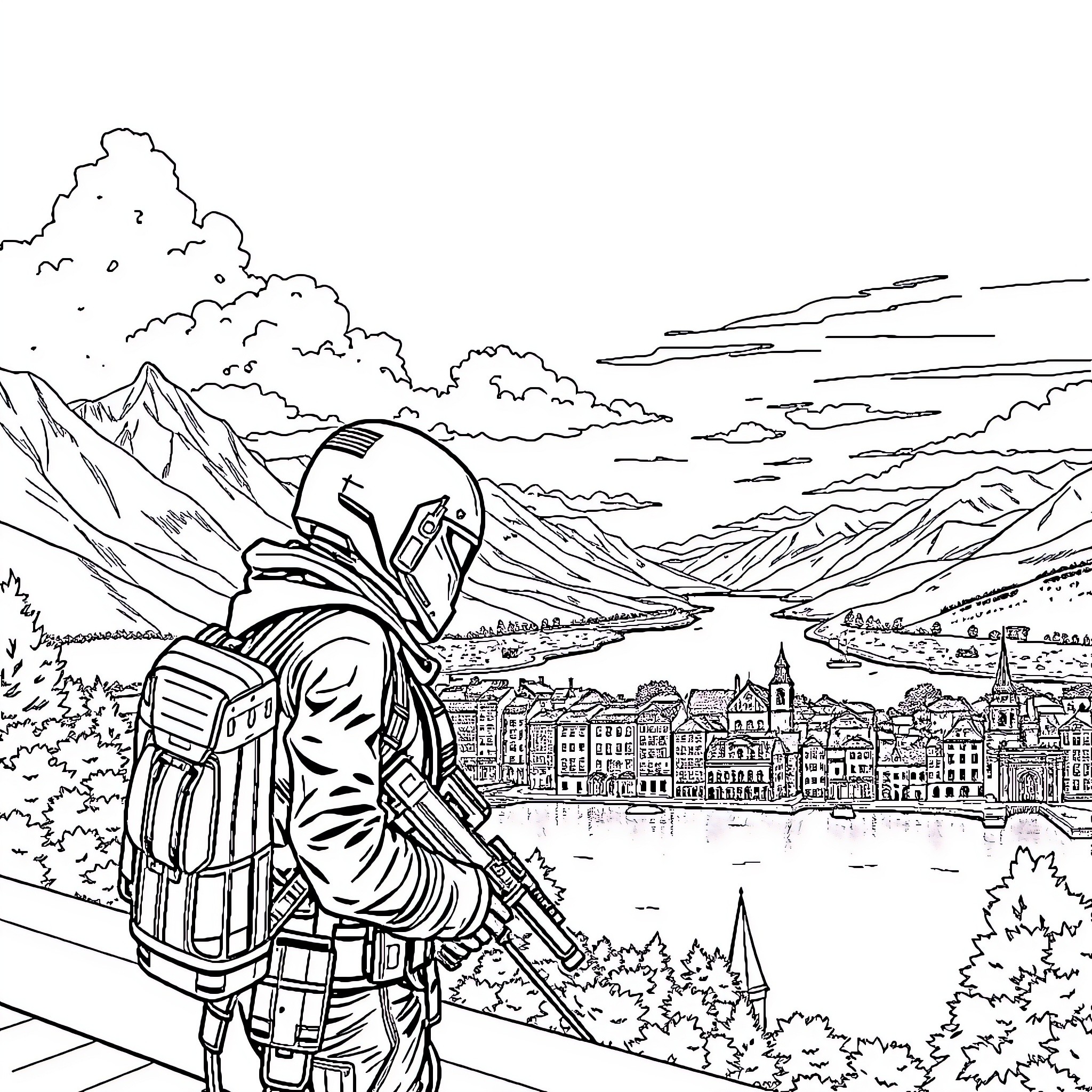Invader stands atop a scenic mountain vista Coloring Page (free black-and-white line drawing printable PDF for all, from beginners to advanced learners, including children, teens, adults, and seniors)