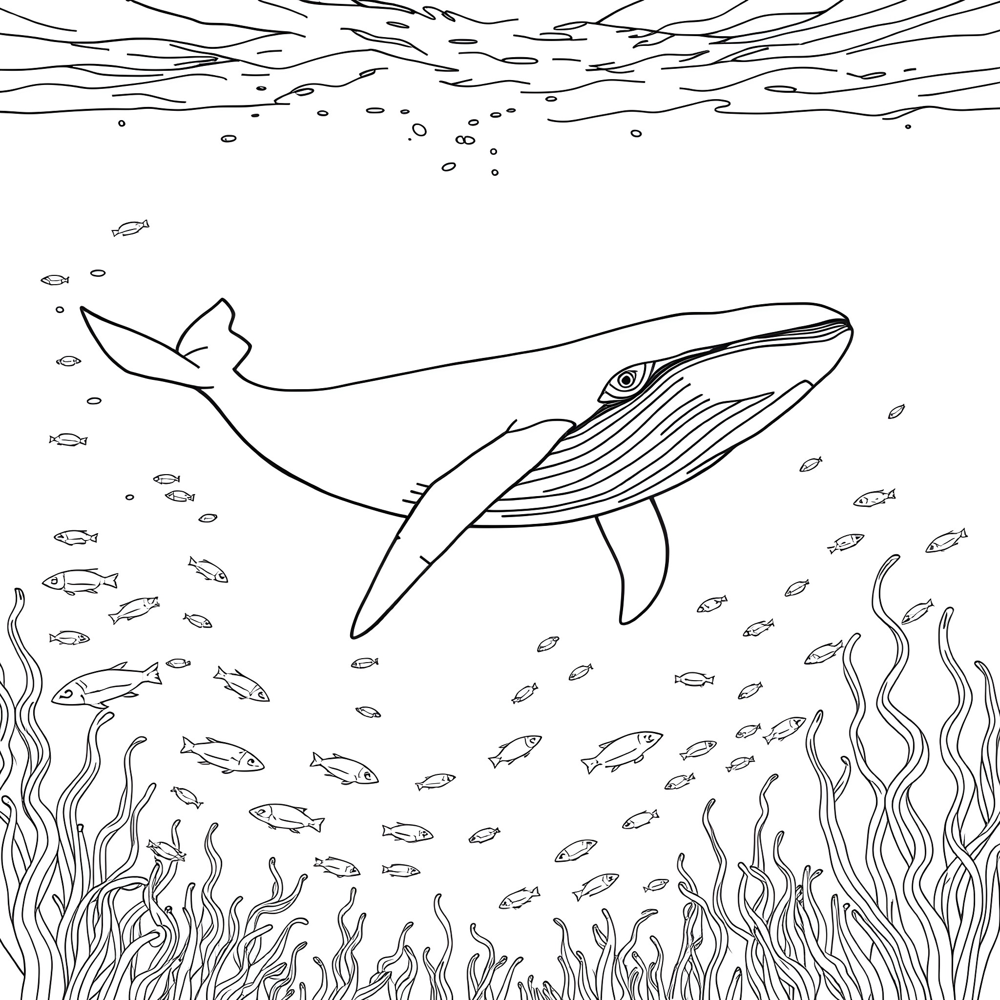 Blue Whale swimming among ocean creatures Coloring Page (free black-and-white line drawing printable PDF for all, from beginners to advanced learners, including children, teens, adults, and seniors)