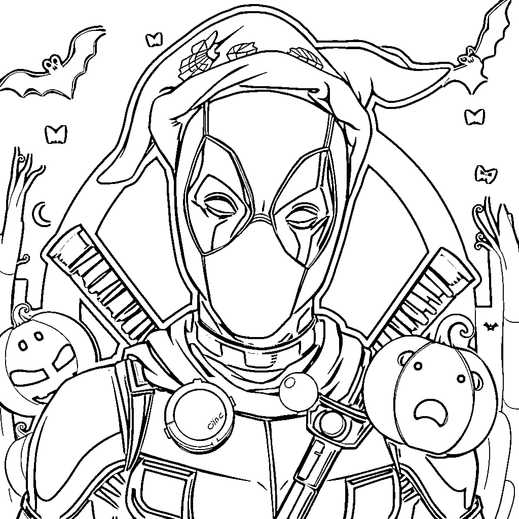 Deadpool in Spooky Halloween Scene Coloring Page (free black-and-white line drawing printable PDF for all, from beginners to advanced learners, including children, teens, adults, and seniors)