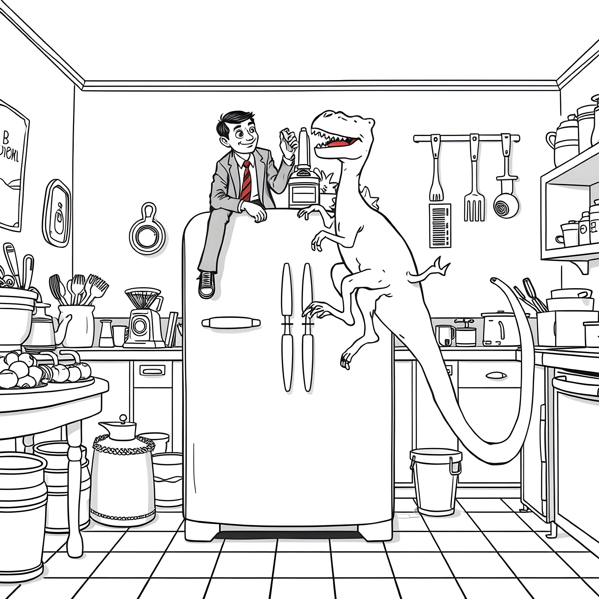 Mr Bean's Comical Encounter with a Mischievous Dinosaur in the Kitchen Coloring Page (free black-and-white line drawing printable PDF for all, from beginners to advanced learners, including children, teens, adults, and seniors)