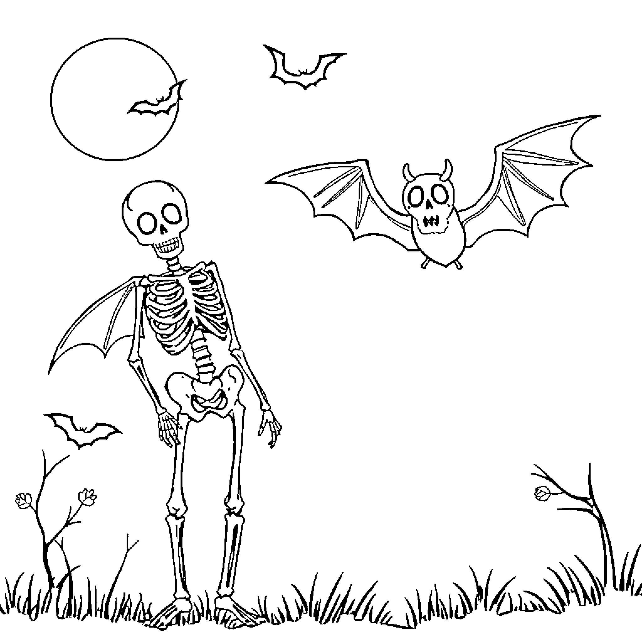 Skeleton in Halloween scene with bats and moon Coloring Page (free black-and-white line drawing printable PDF for all, from beginners to advanced learners, including children, teens, adults, and seniors)