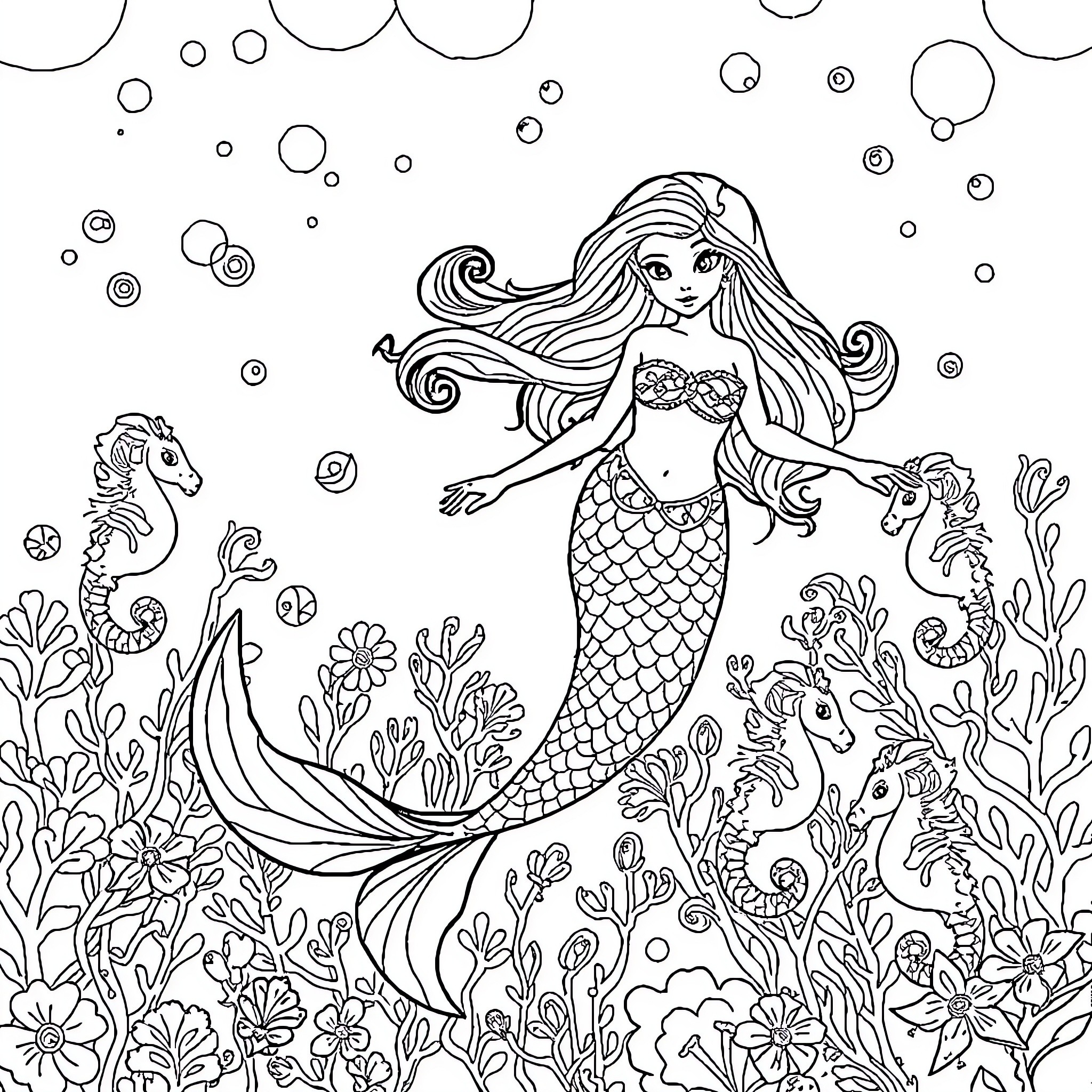 Mermaid enchanting underwater creatures Coloring Page (free black-and-white line drawing printable PDF for all, from beginners to advanced learners, including children, teens, adults, and seniors)