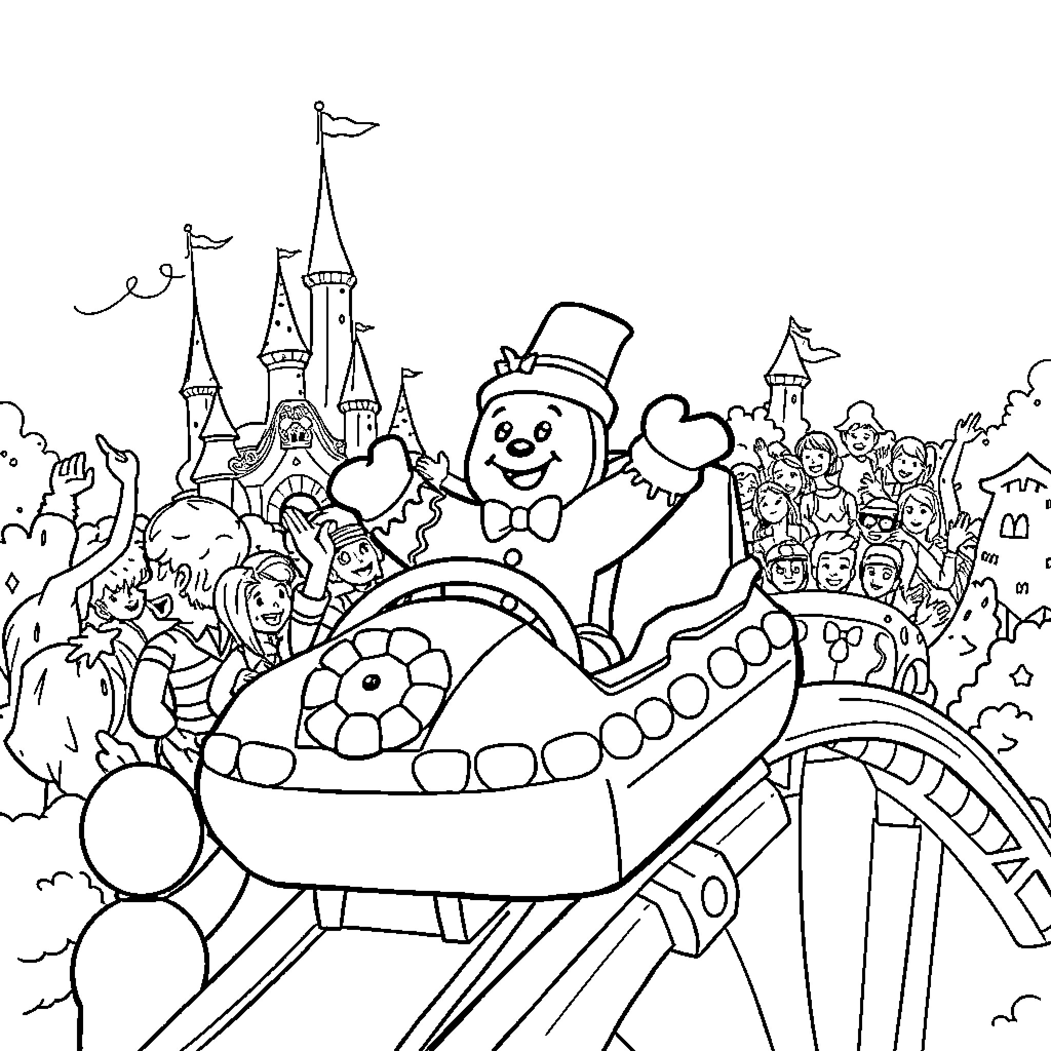 Gingerbread Man riding roller coaster through enchanted landscape Coloring Page (free black-and-white line drawing printable PDF for all, from beginners to advanced learners, including children, teens, adults, and seniors)