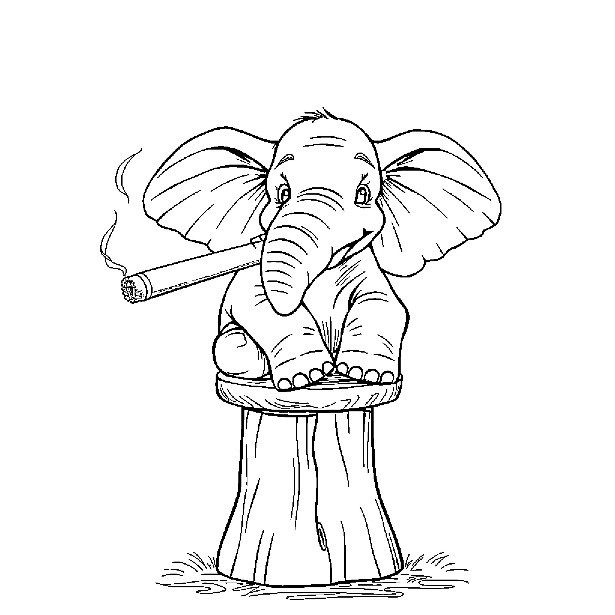 Elephant smoking a cigar and sitting on a toadstool Coloring Page (free black-and-white line drawing printable PDF for all, from beginners to advanced learners, including children, teens, adults, and seniors)