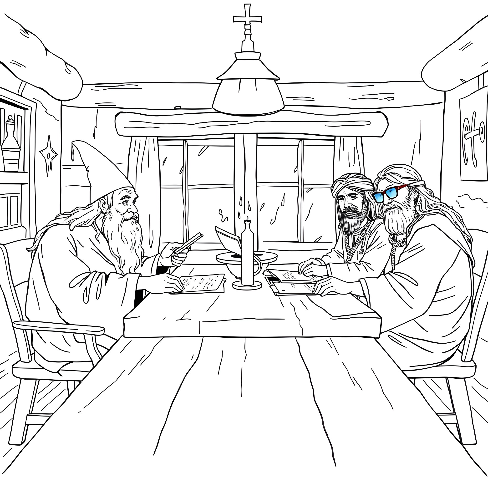 Gandalf and wizards having a meeting in a cozy cabin Coloring Page (free black-and-white line drawing printable PDF for all, from beginners to advanced learners, including children, teens, adults, and seniors)