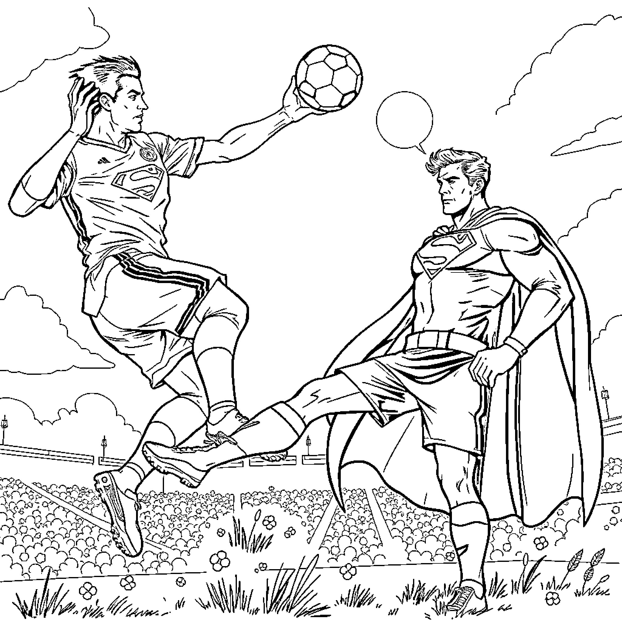 Ronaldo's football showdown with superhero on grassy field Coloring Page (free black-and-white line drawing printable PDF for all, from beginners to advanced learners, including children, teens, adults, and seniors)