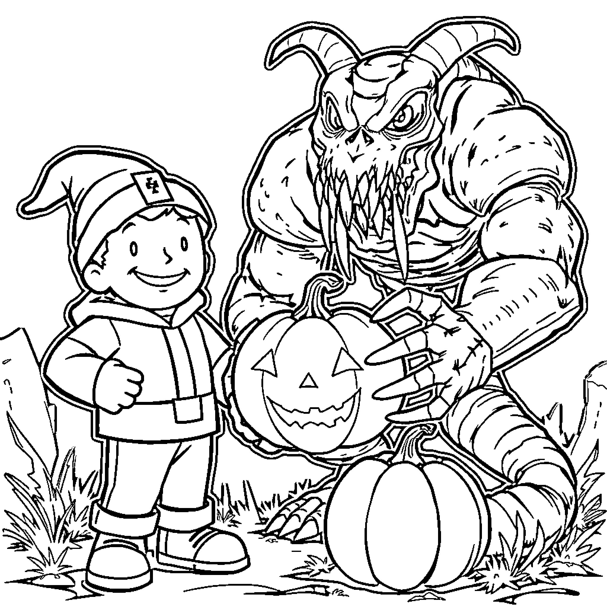 Vault Boy interacting with a monstrous Halloween creature Coloring Page (free black-and-white line drawing printable PDF for all, from beginners to advanced learners, including children, teens, adults, and seniors)