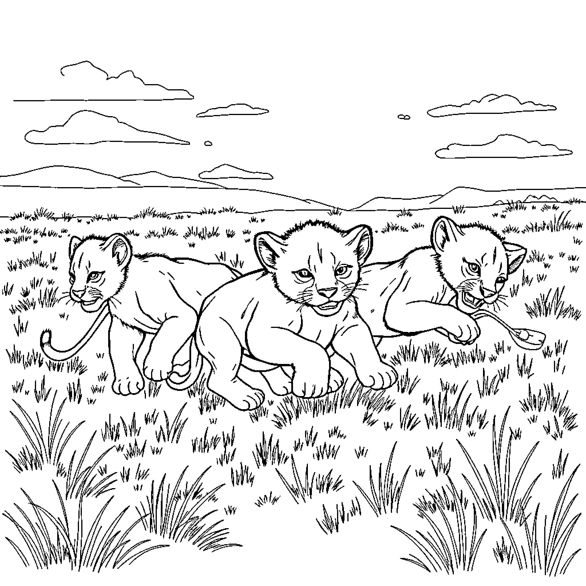 Lion cubs playing in the grassy field Coloring Page (free black-and-white line drawing printable PDF for all, from beginners to advanced learners, including children, teens, adults, and seniors)