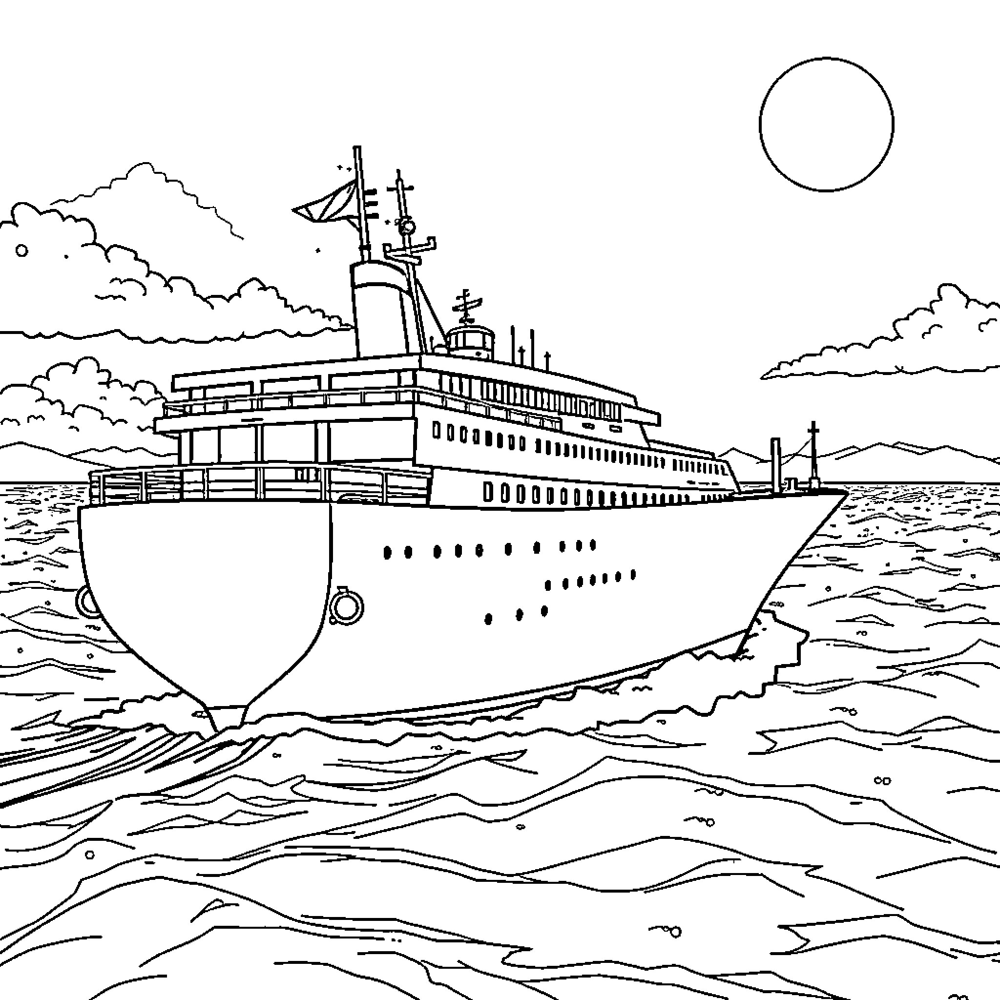 Ship sailing across the open waters Coloring Page (free black-and-white line drawing printable PDF for all, from beginners to advanced learners, including children, teens, adults, and seniors)