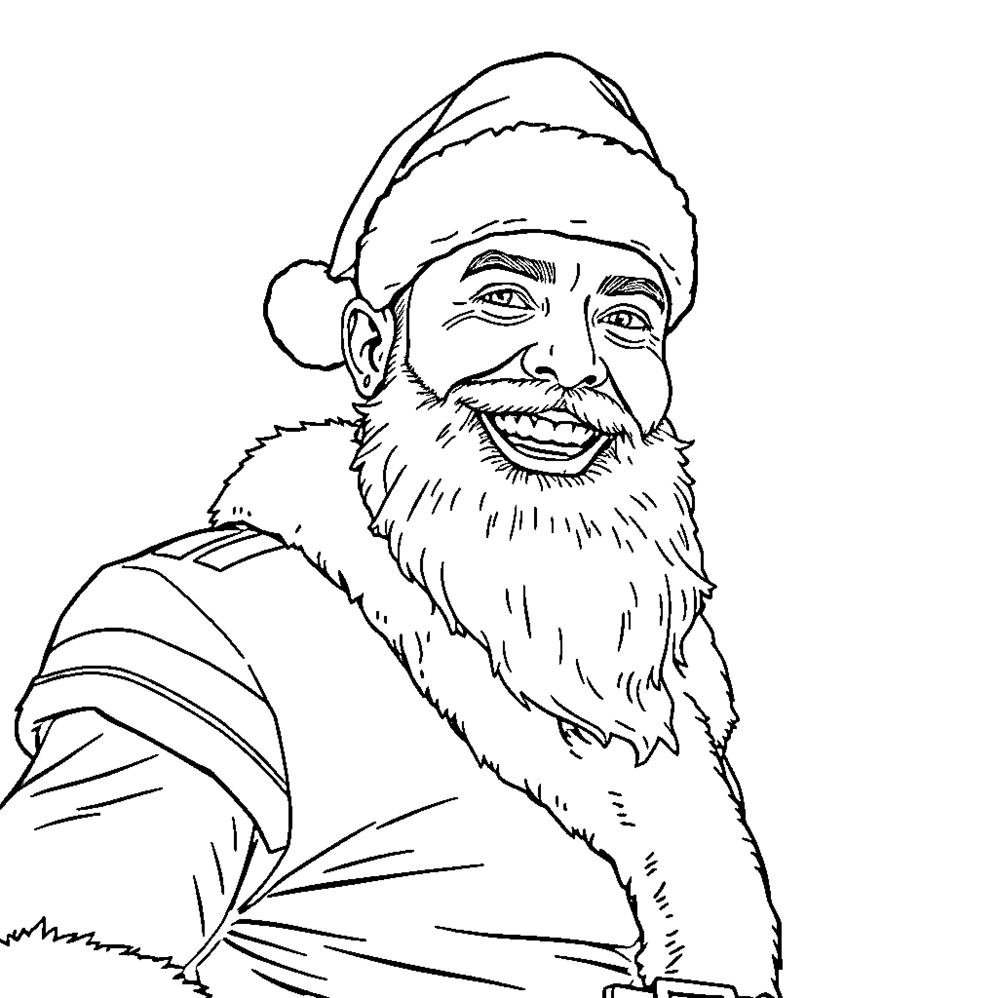 Patrick Mahomes as a cheerful Santa Claus Coloring Page (free black-and-white line drawing printable PDF for all, from beginners to advanced learners, including children, teens, adults, and seniors)