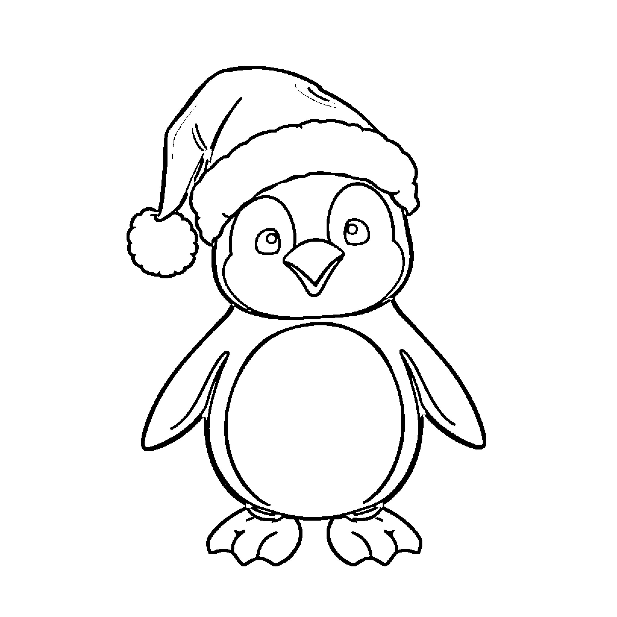 Penguin wearing a Santa hat Coloring Page (free black-and-white line drawing printable PDF for all, from beginners to advanced learners, including children, teens, adults, and seniors)