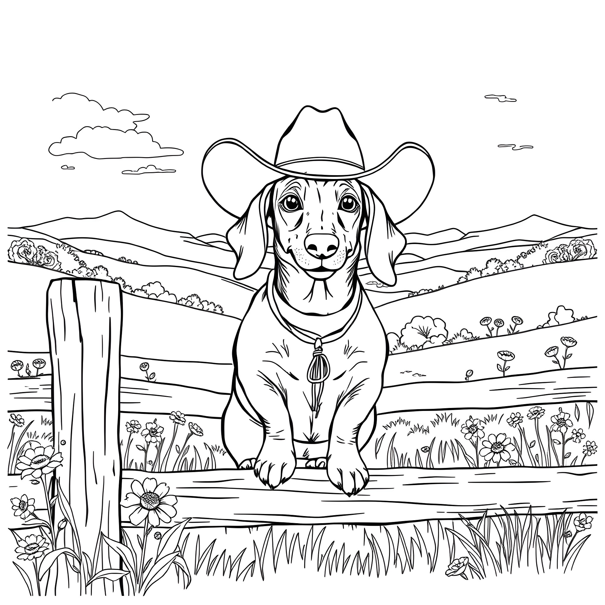Dachshund dressed as a cowboy enjoying the countryside Coloring Page (free black-and-white line drawing printable PDF for all, from beginners to advanced learners, including children, teens, adults, and seniors)