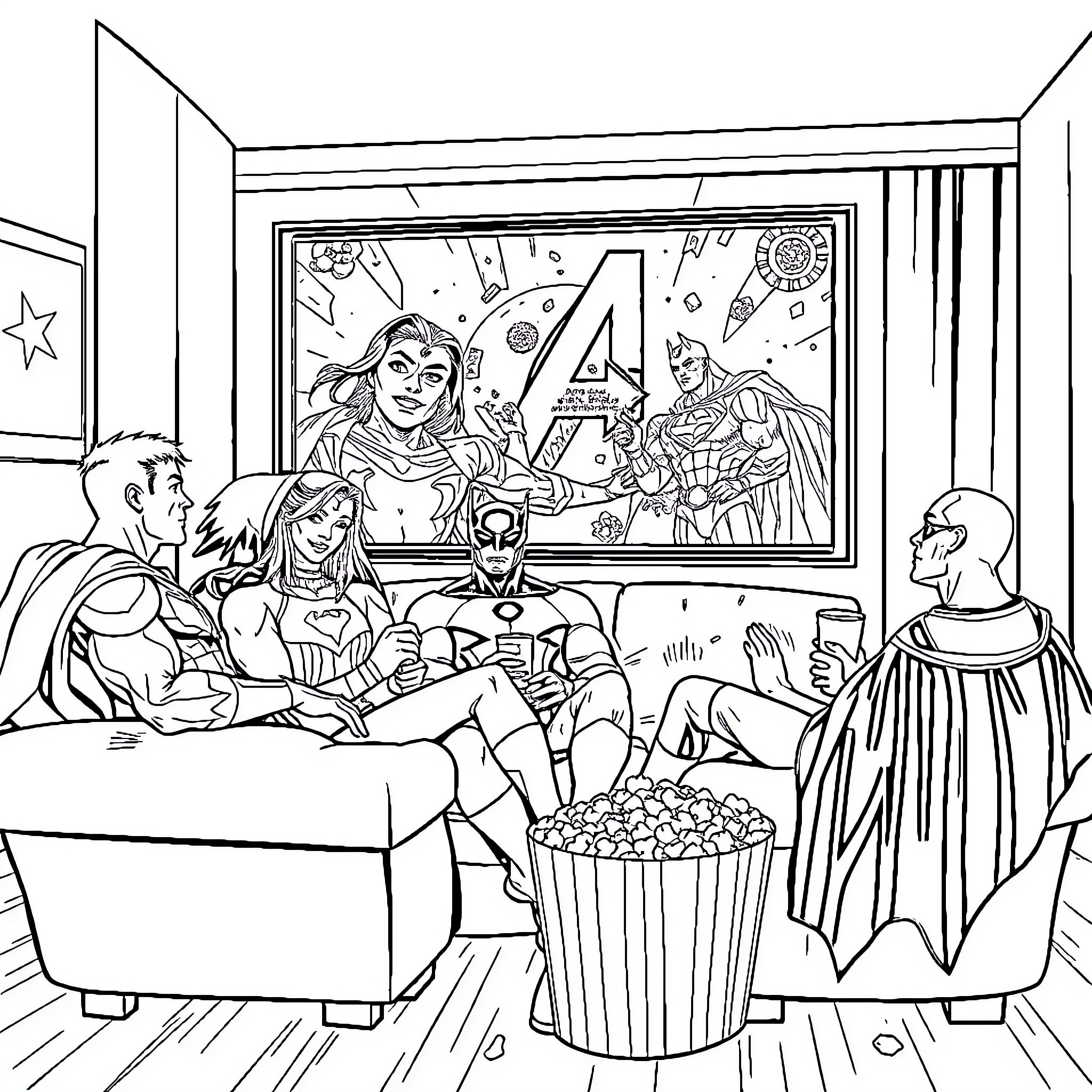 Justice League heroes gathering for a movie night Coloring Page (free black-and-white line drawing printable PDF for all, from beginners to advanced learners, including children, teens, adults, and seniors)
