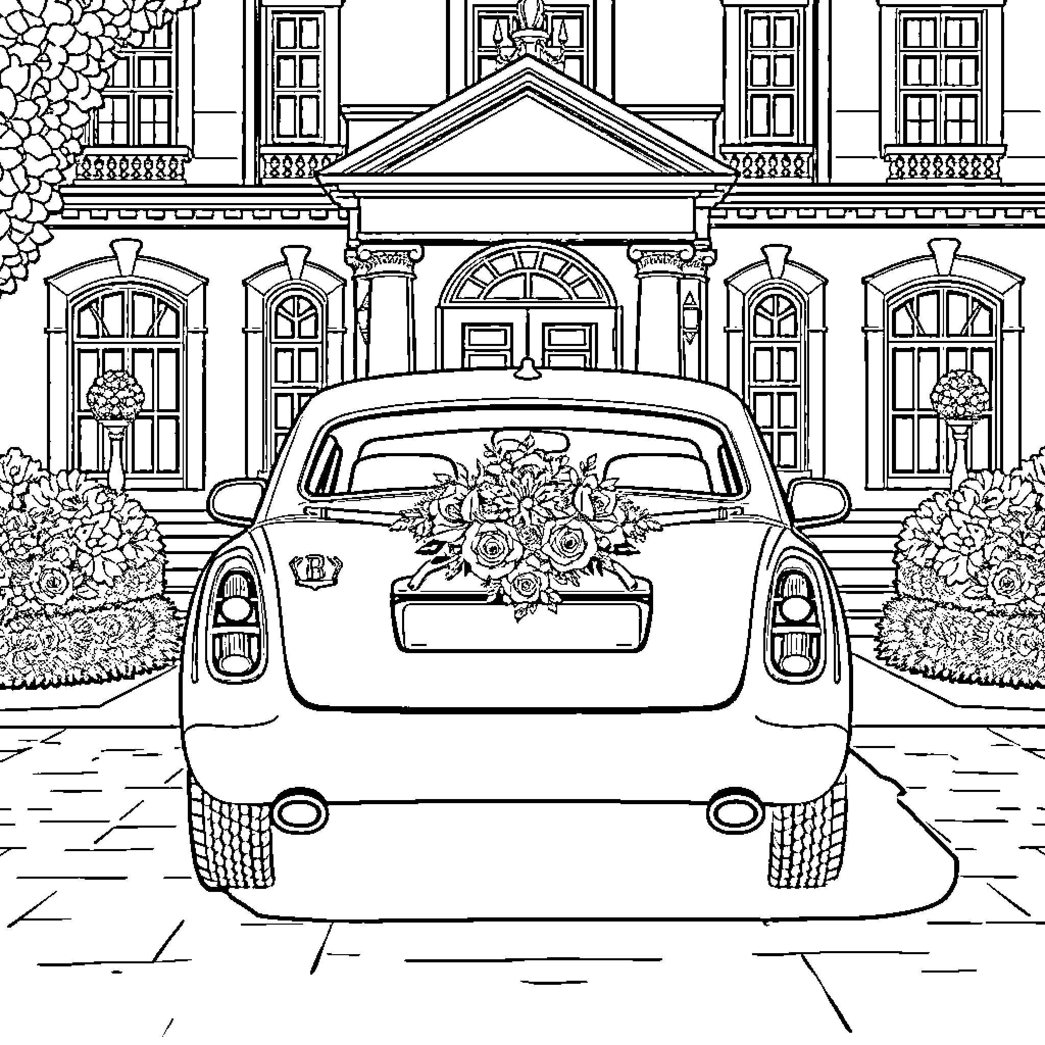 Wedding Car with Floral Arrangement at Manor House Coloring Page (free black-and-white line drawing printable PDF for all, from beginners to advanced learners, including children, teens, adults, and seniors)