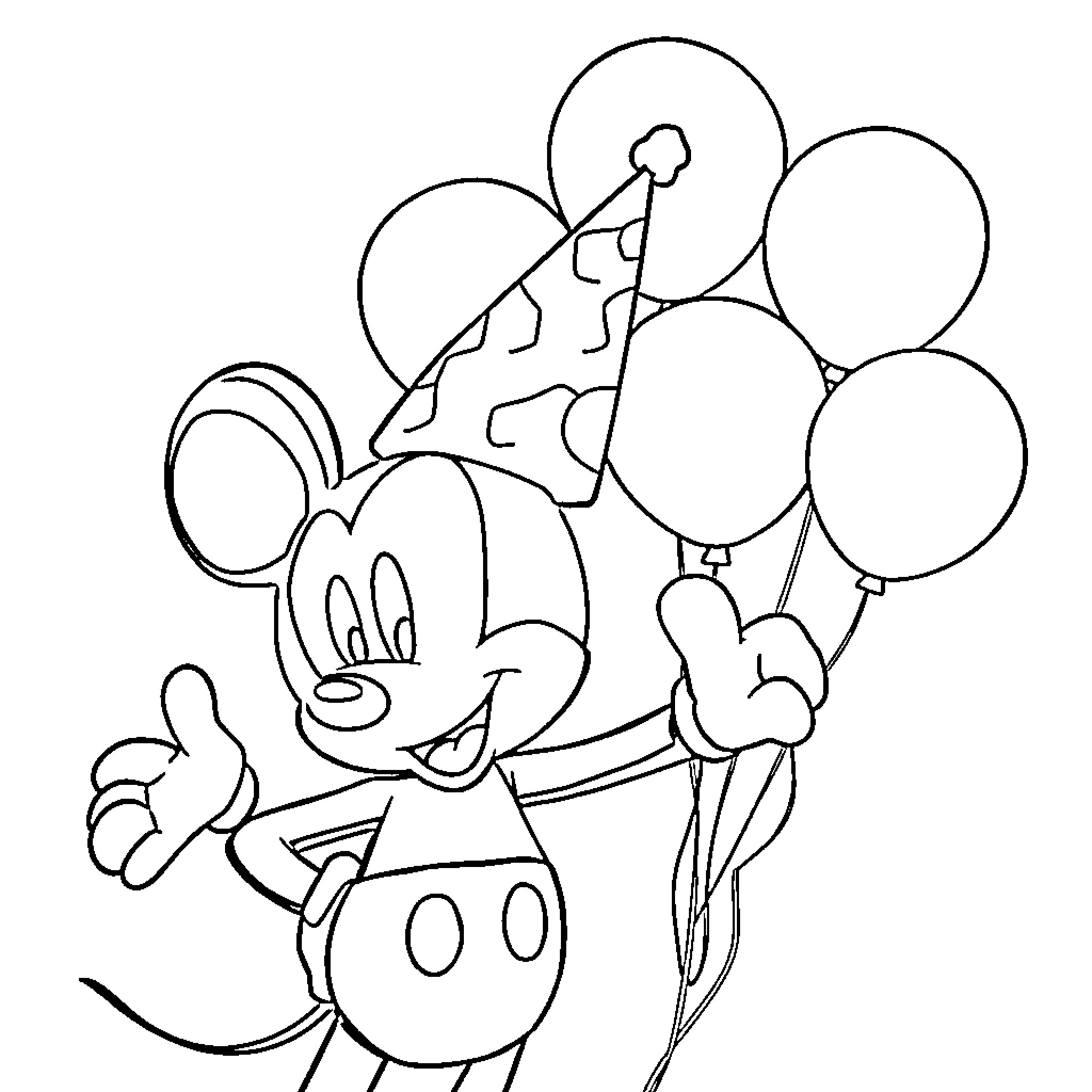 Mickey Mouse celebrating with balloons Coloring Page (free black-and-white line drawing printable PDF for all, from beginners to advanced learners, including children, teens, adults, and seniors)