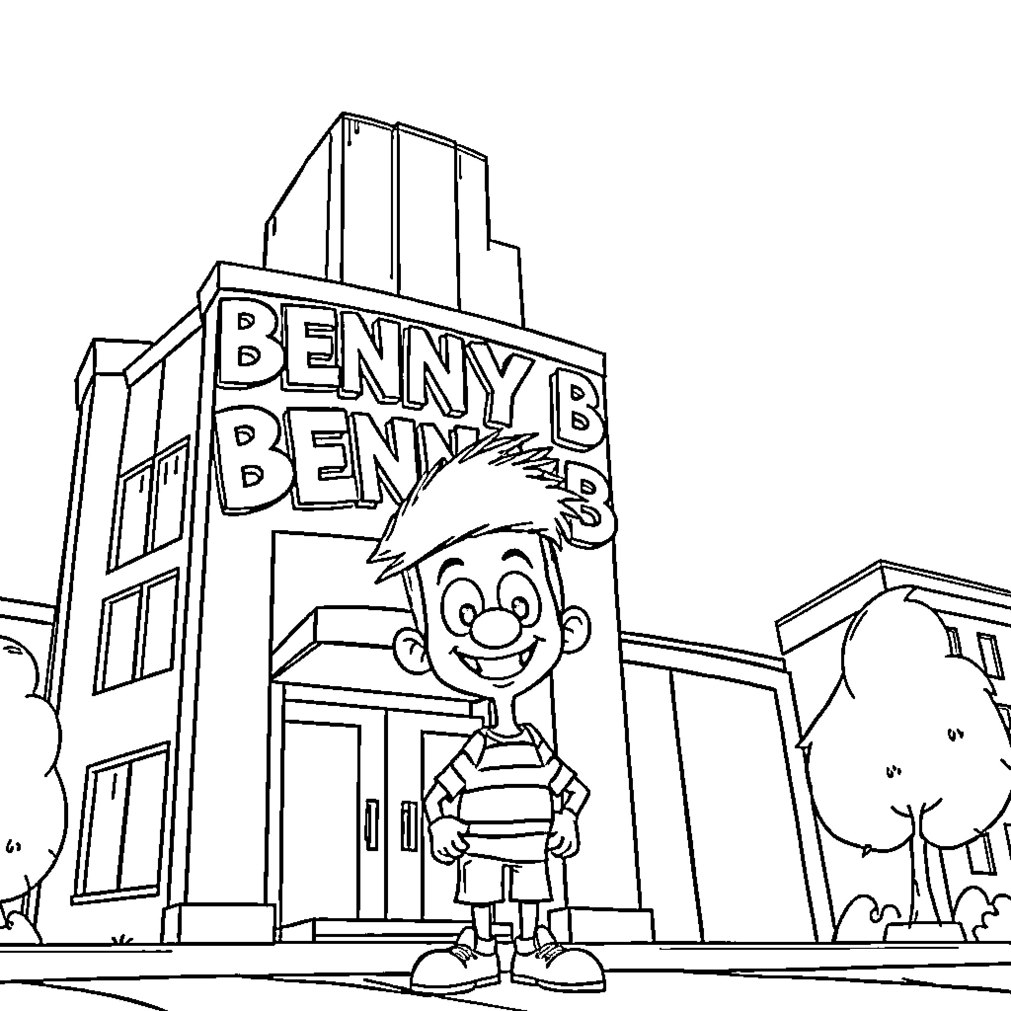 Doug's Adventure at Benny Benny Building Coloring Page (free black-and-white line drawing printable PDF for all, from beginners to advanced learners, including children, teens, adults, and seniors)