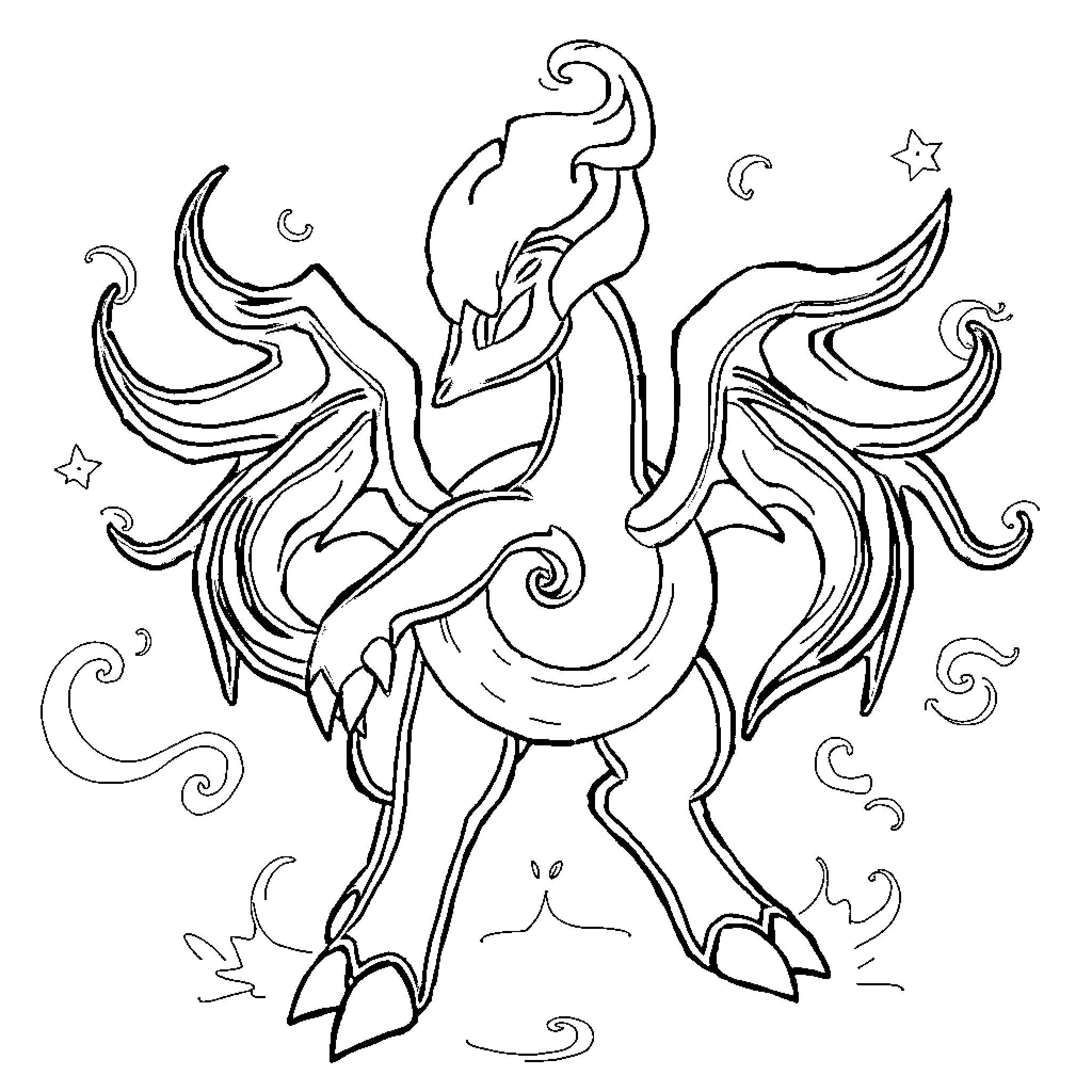 Arceus, the Mythical Pokémon in Magical Pose Coloring Page (free black-and-white line drawing printable PDF for all, from beginners to advanced learners, including children, teens, adults, and seniors)