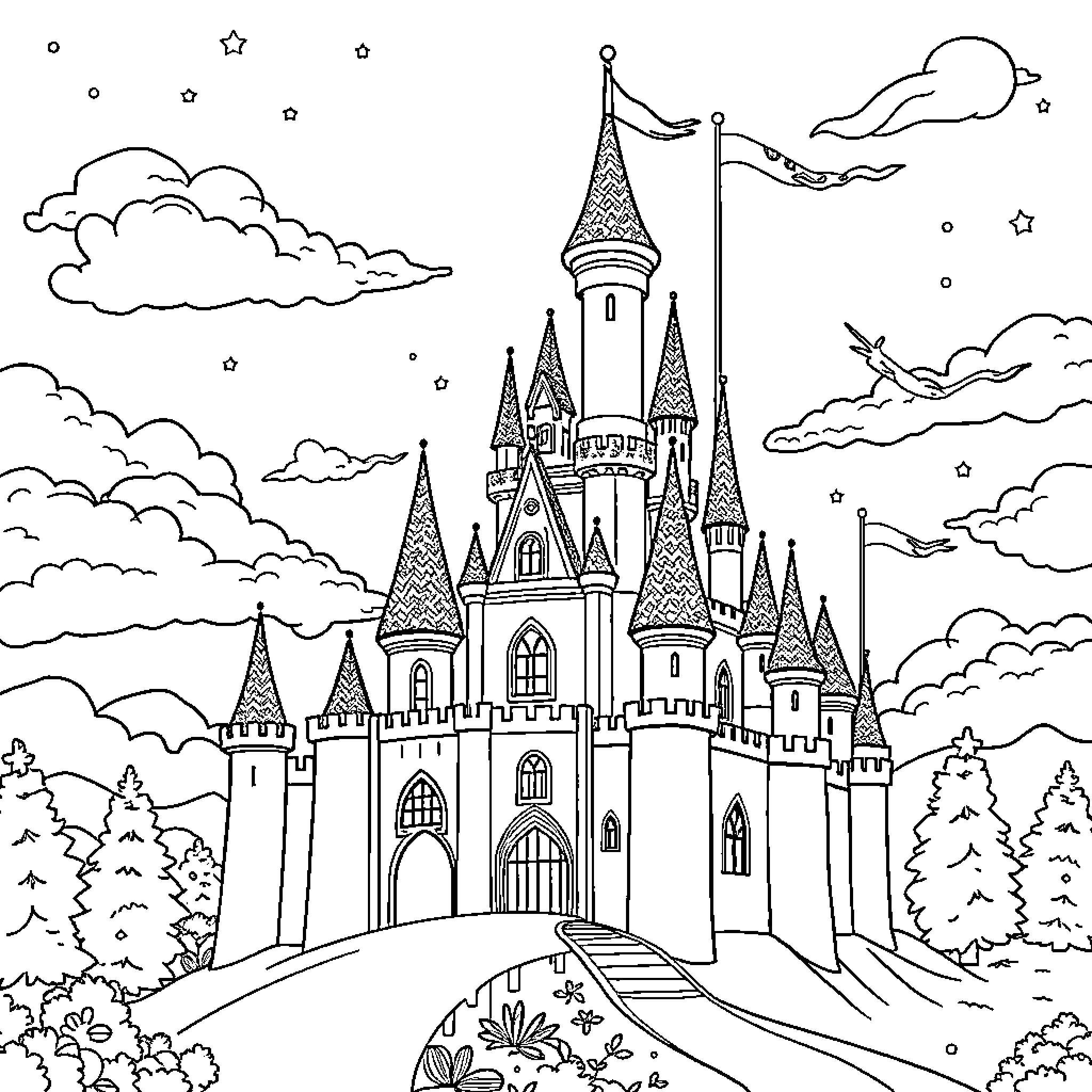 Unicorn Castle in Enchanted Forest Coloring Page (free black-and-white line drawing printable PDF for all, from beginners to advanced learners, including children, teens, adults, and seniors)