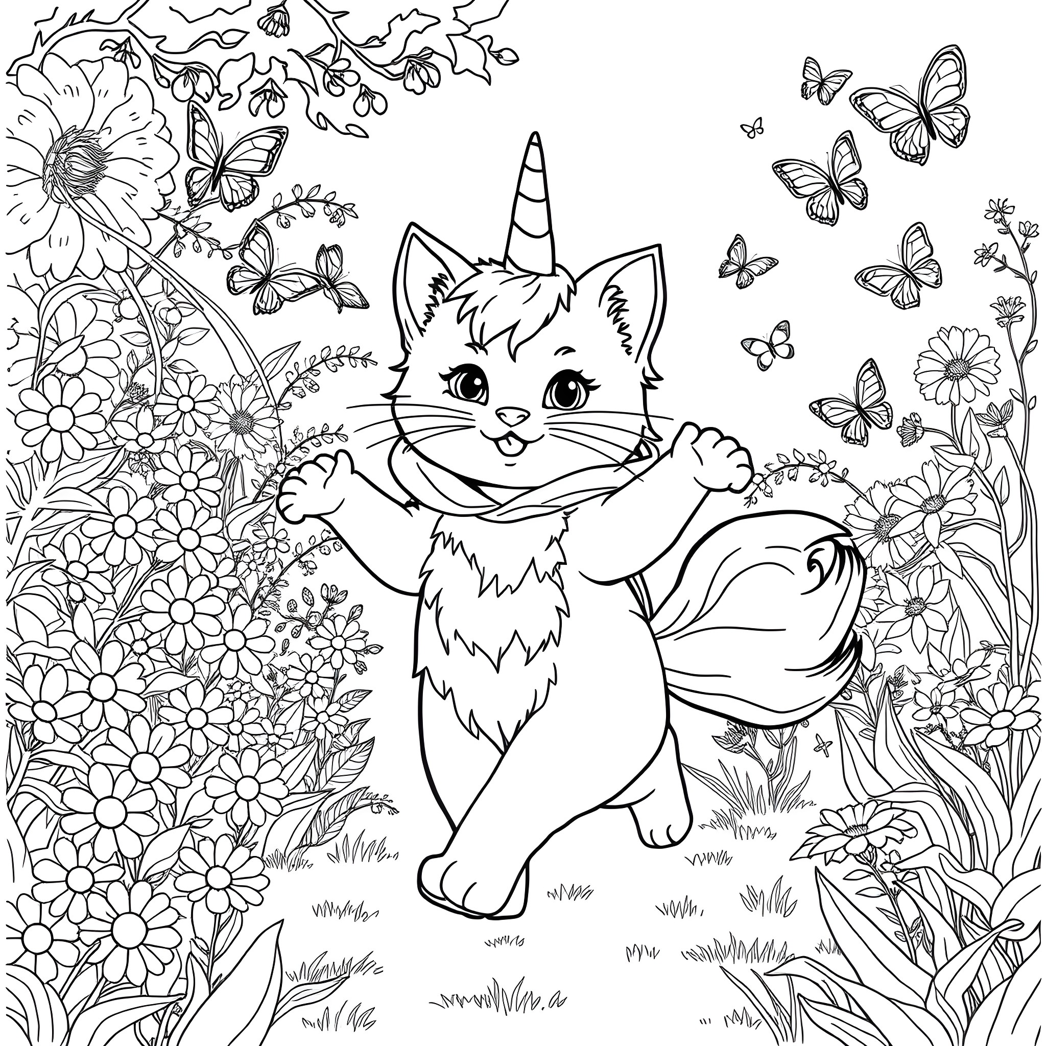 Kitty happily playing in a magical garden Coloring Page (free black-and-white line drawing printable PDF for all, from beginners to advanced learners, including children, teens, adults, and seniors)