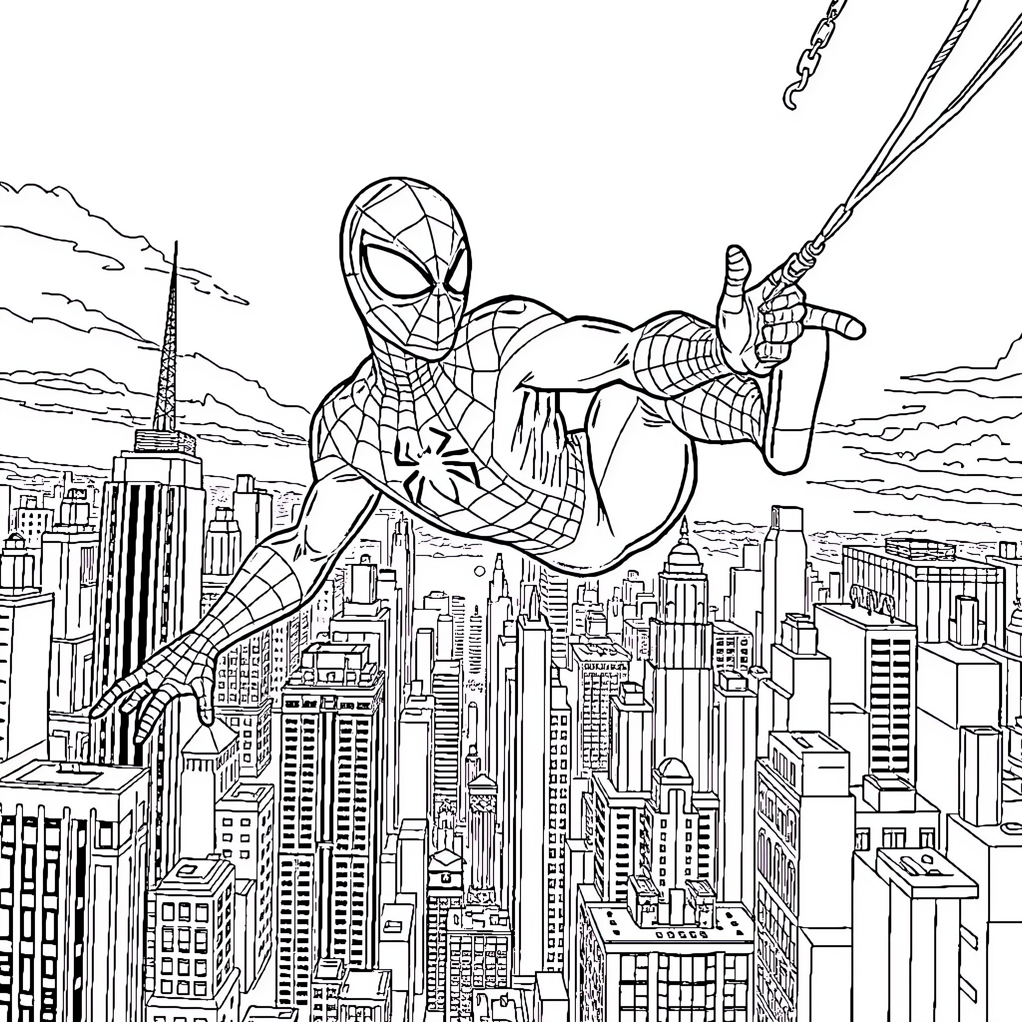 Spider-Man swinging through a cityscape Coloring Page (free black-and-white line drawing printable PDF for all, from beginners to advanced learners, including children, teens, adults, and seniors)