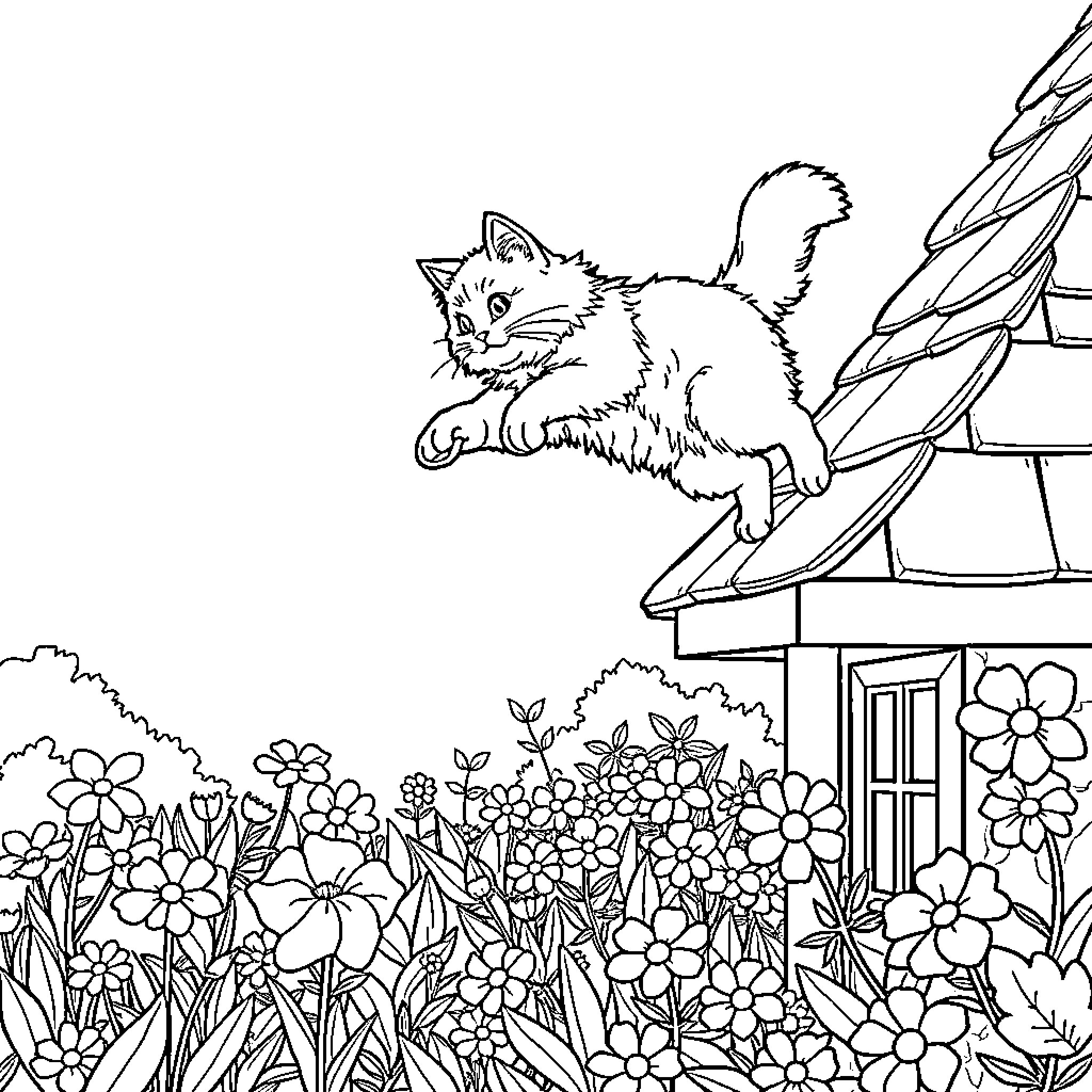 Cat Exploring Vibrant Floral Garden Coloring Page (free black-and-white line drawing printable PDF for all, from beginners to advanced learners, including children, teens, adults, and seniors)