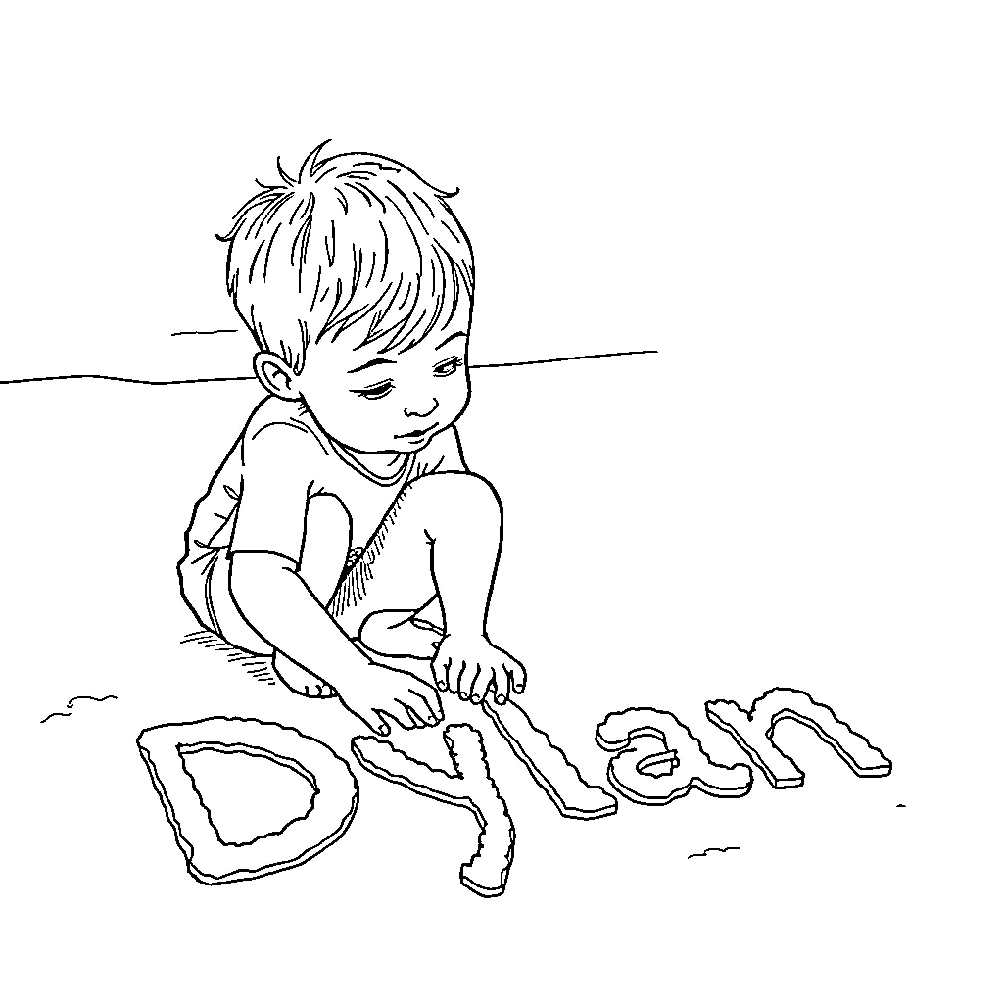 Boy playing joyfully with sand Coloring Page (free black-and-white line drawing printable PDF for all, from beginners to advanced learners, including children, teens, adults, and seniors)